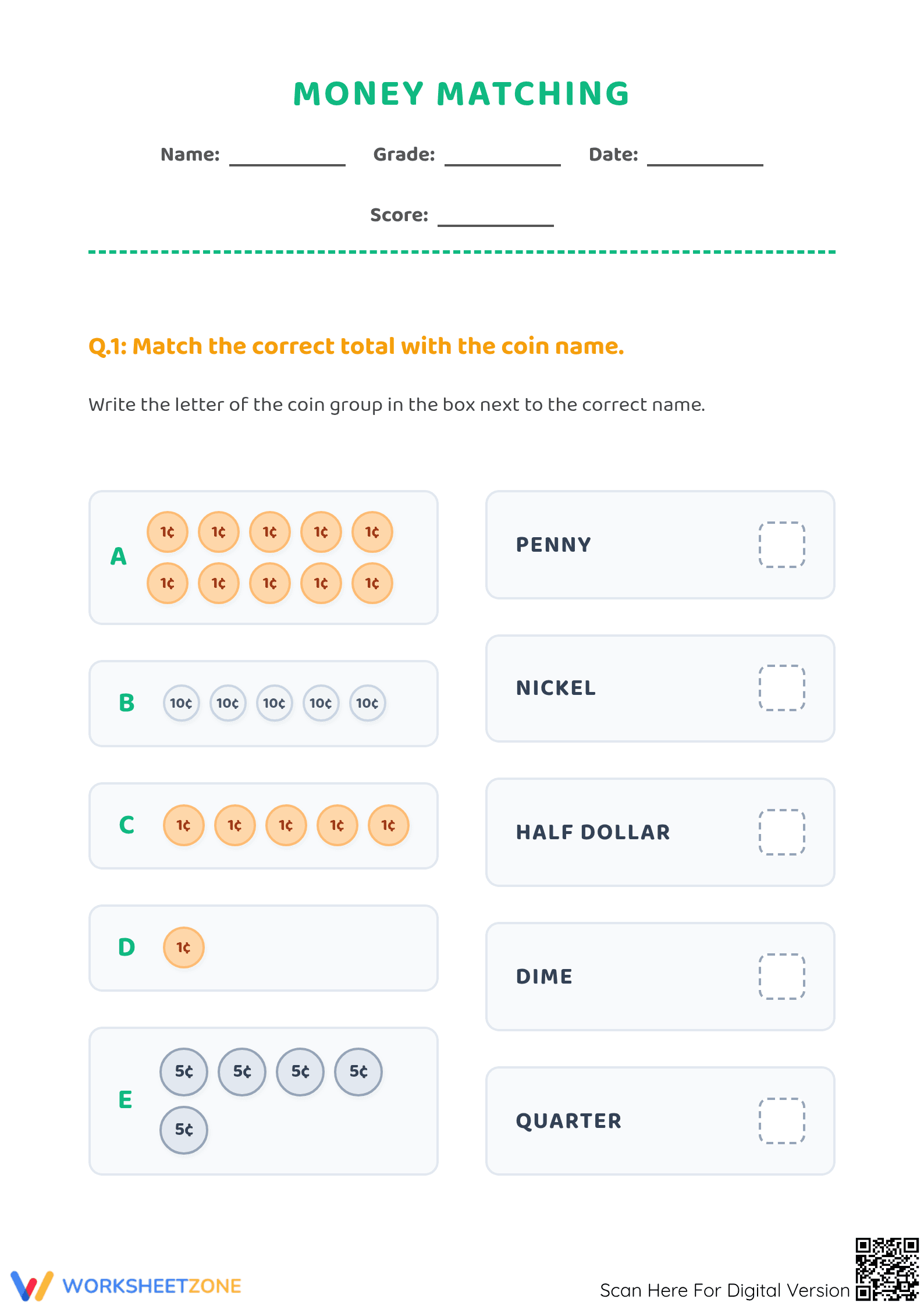 Grade 2 Money Matching — Printable No-Prep Worksheet - Page 1