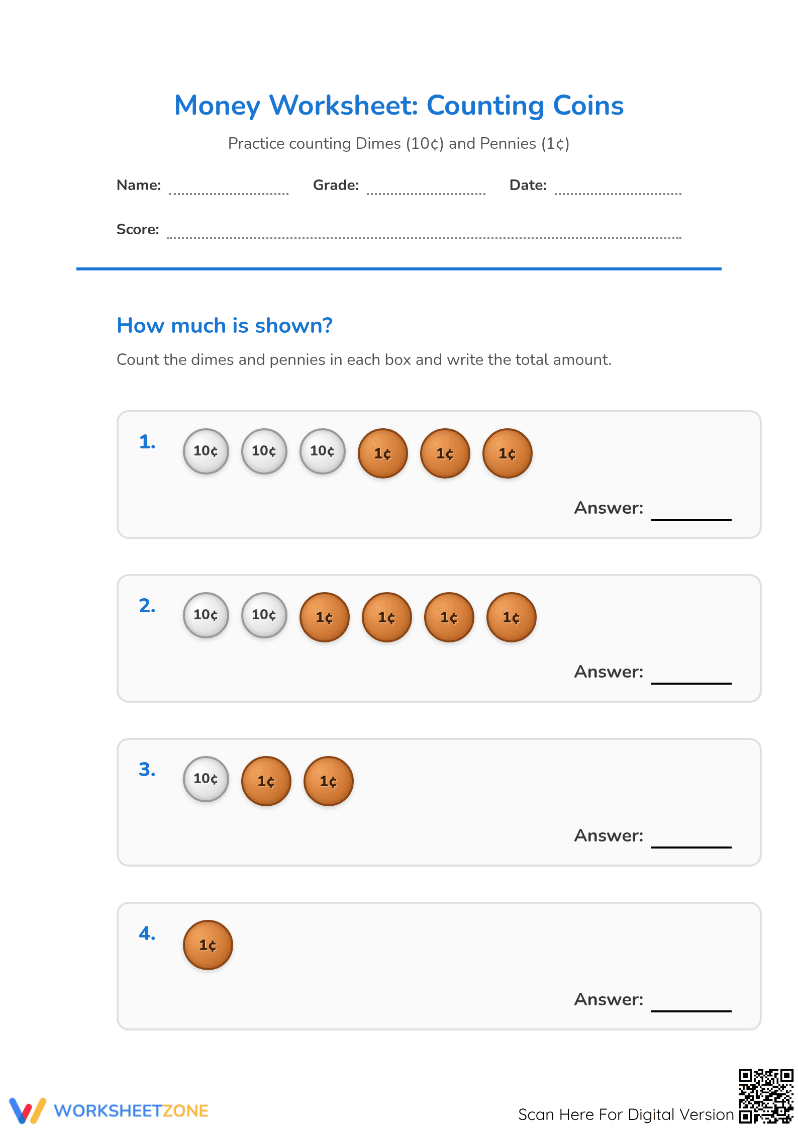 Counting Dimes and Pennies Worksheet | Grade 3-6 Essential - Page 1