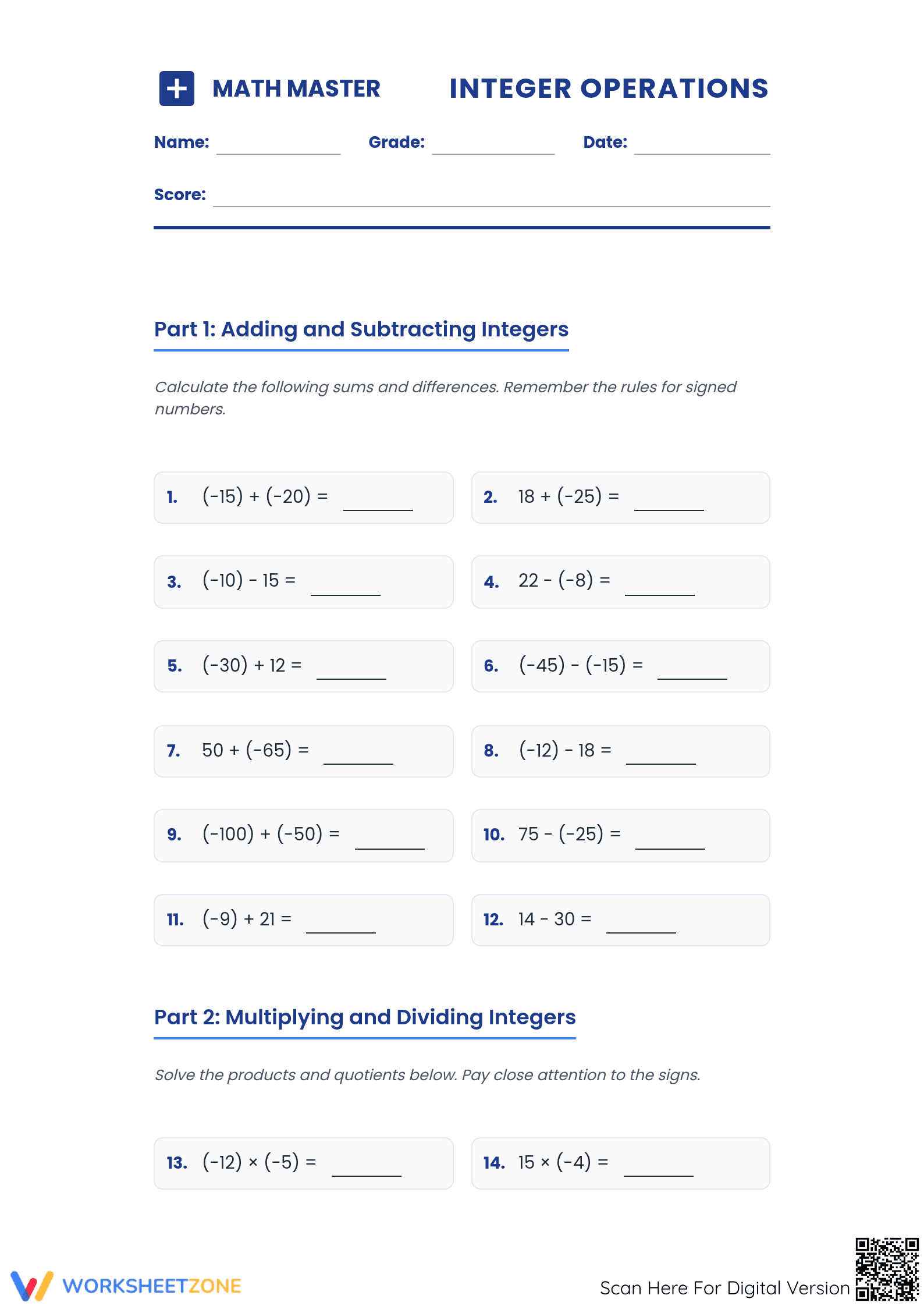 Printable Integers Worksheet | Grade 7 Math Guide - Page 1
