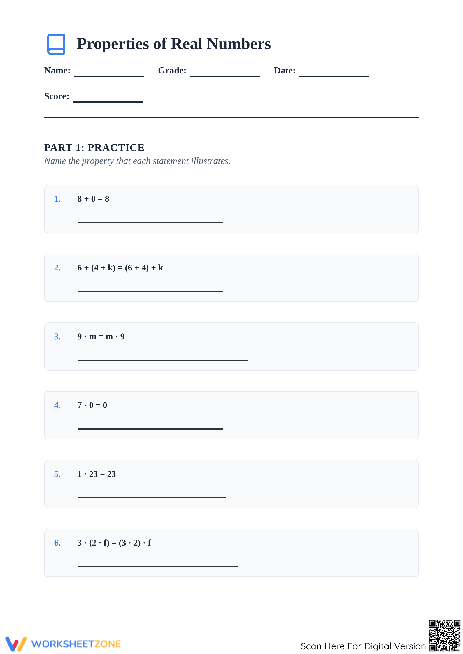Printable Properties of Operations Worksheet | Grade 8 Math - Page 1