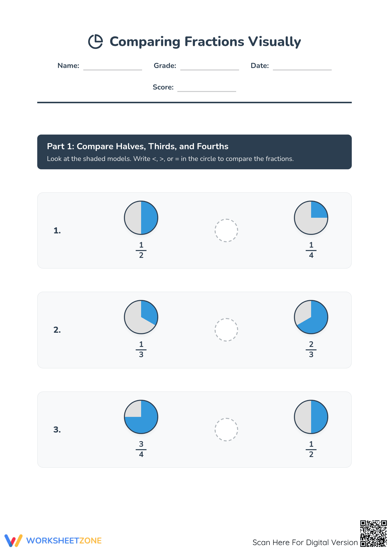 Grade 5 Comparing Fractions — Printable No-Prep Worksheet - Page 1