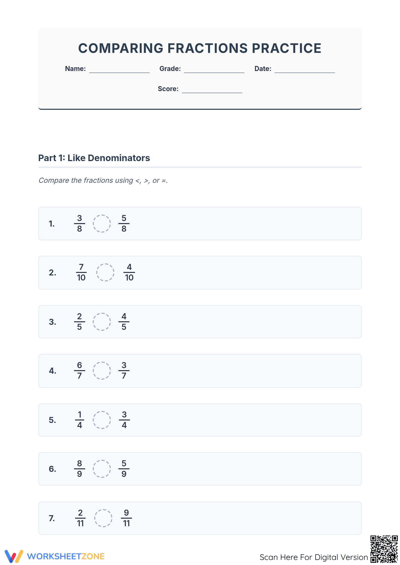Grade 5 Comparing Fractions — Printable No-Prep Worksheet - Page 1