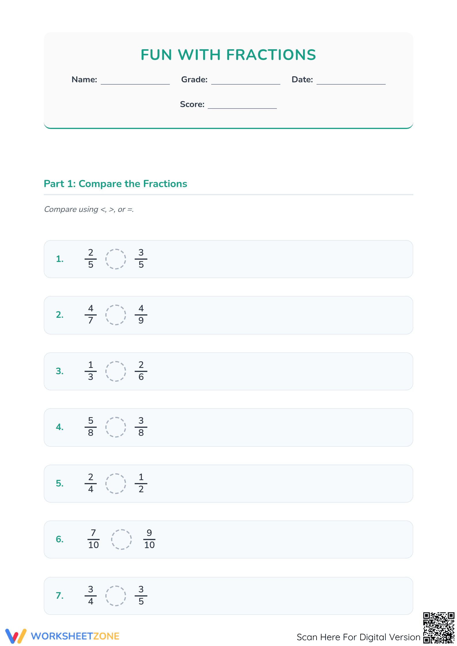 Printable Comparing Fractions Worksheet | Grade 4 Math - Page 1