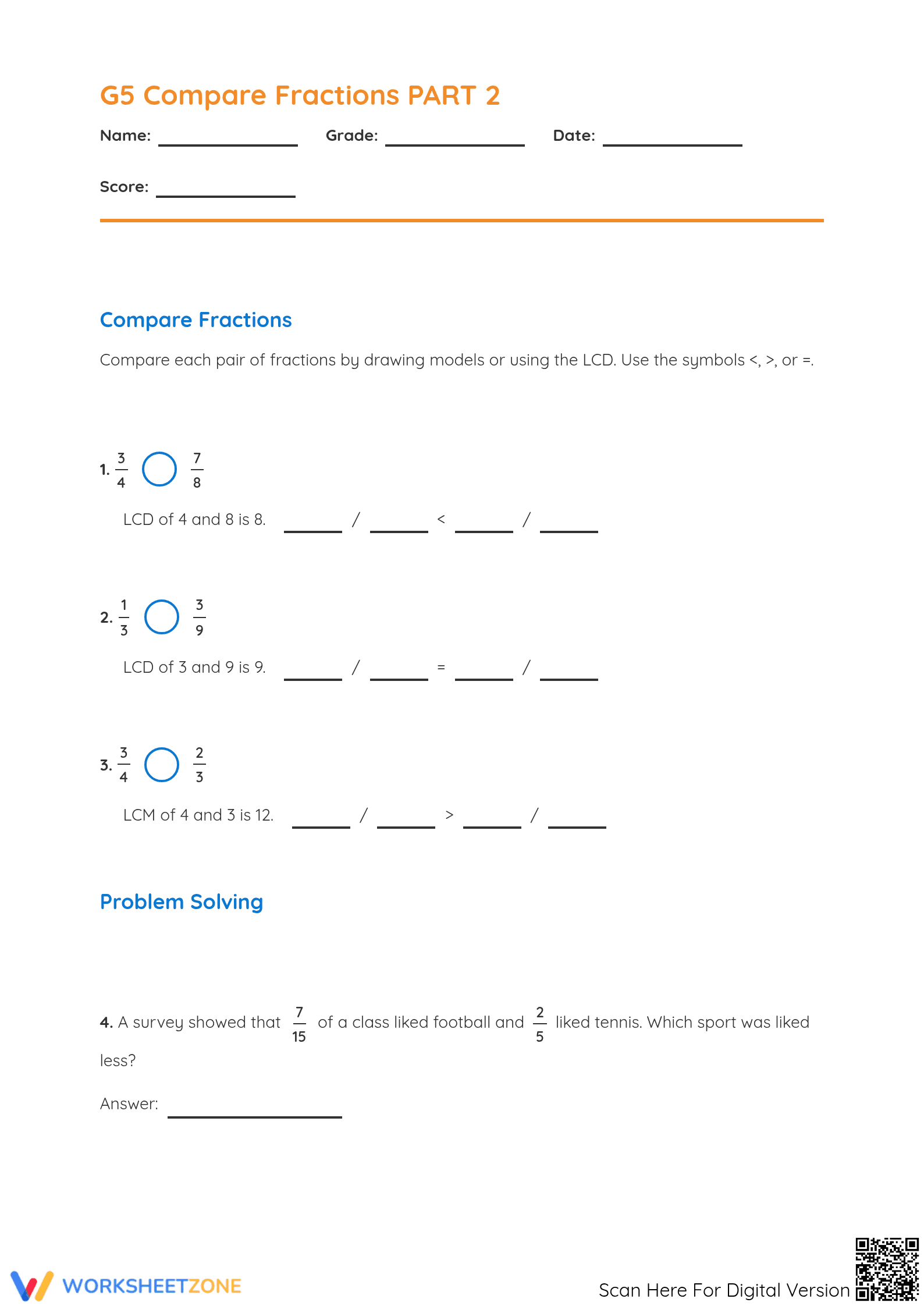 Grade 5 Comparing Fractions — Printable No-Prep Worksheet - Page 1