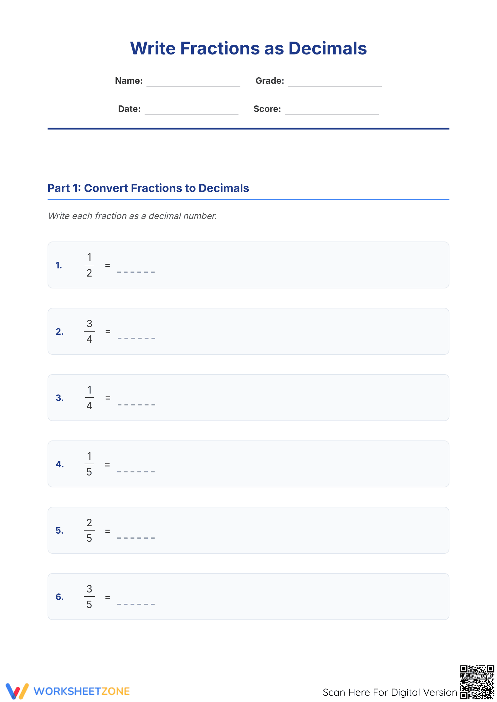 Fractions to Decimals Worksheet (3 Levels) | Grade 5 Ready - Page 1