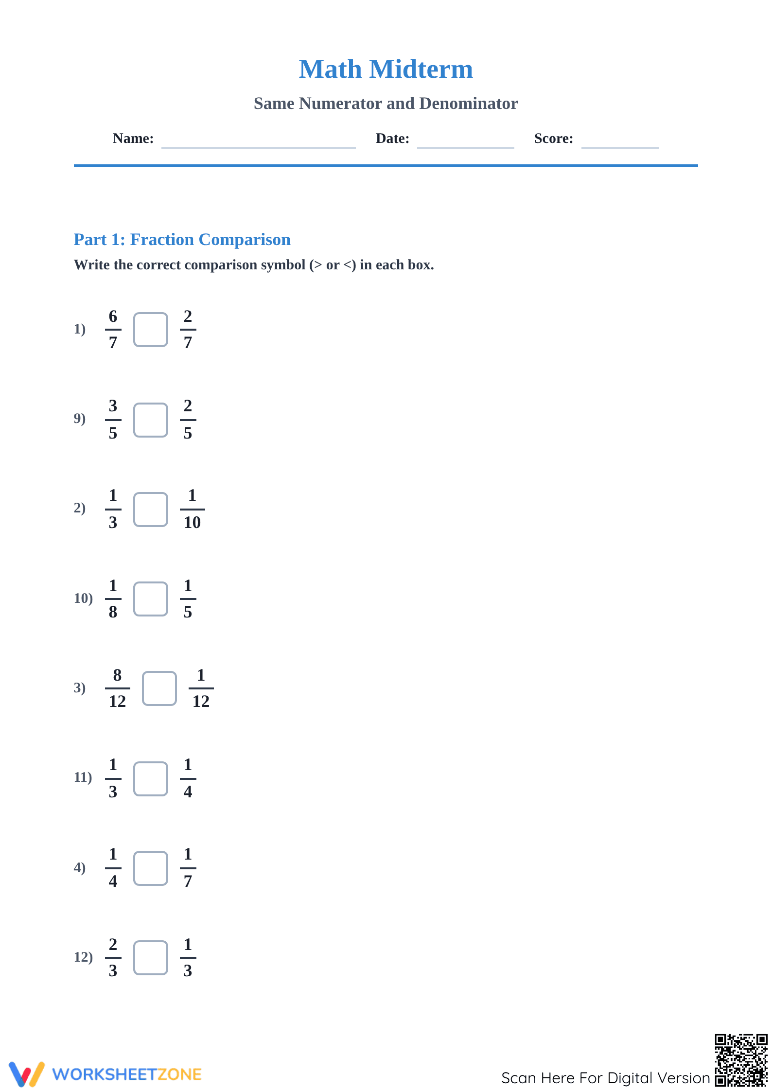Grade 3 Comparing Fractions — Printable No-Prep Worksheet - Page 1