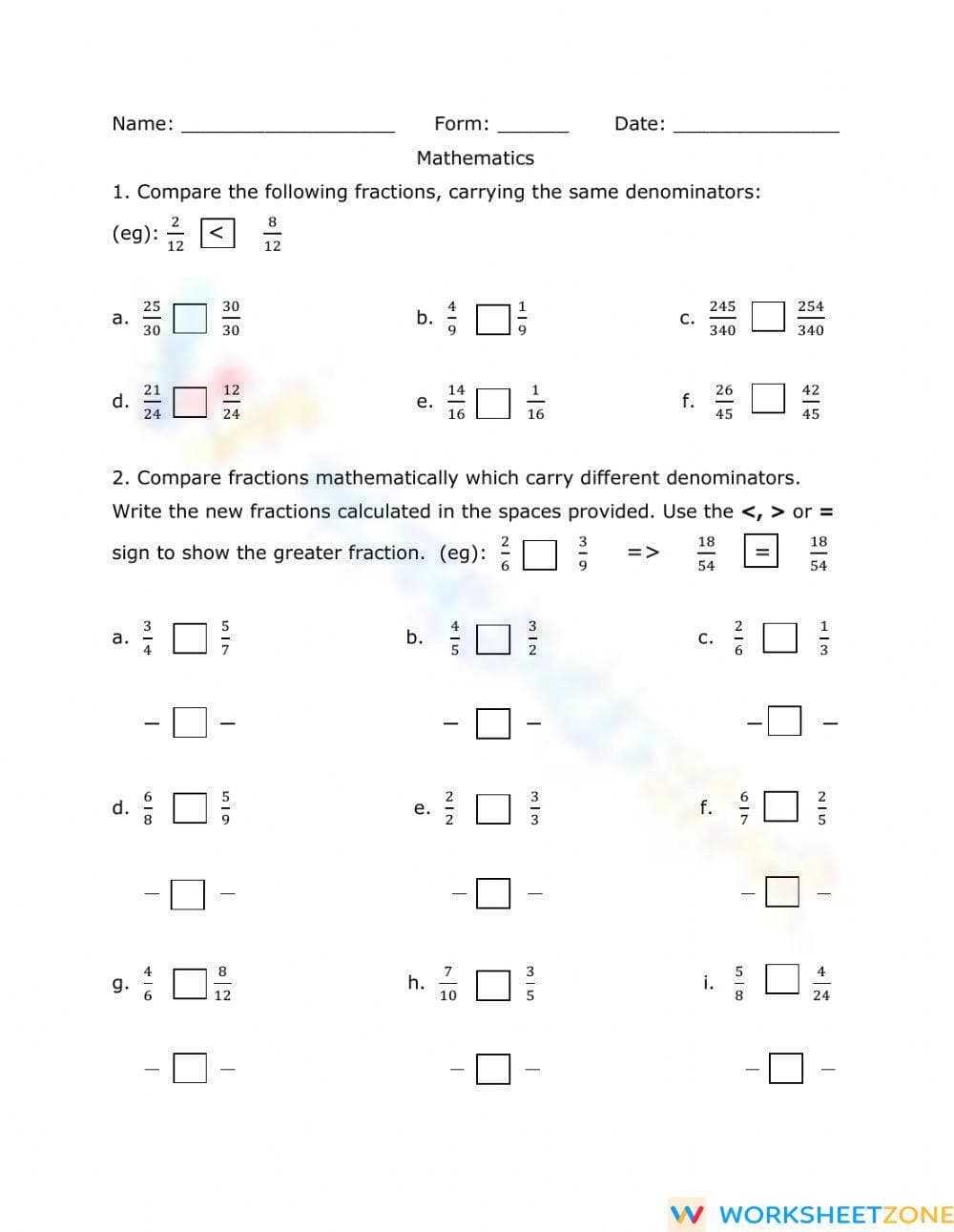 Comparing Fractions Practice Worksheet - Page 1