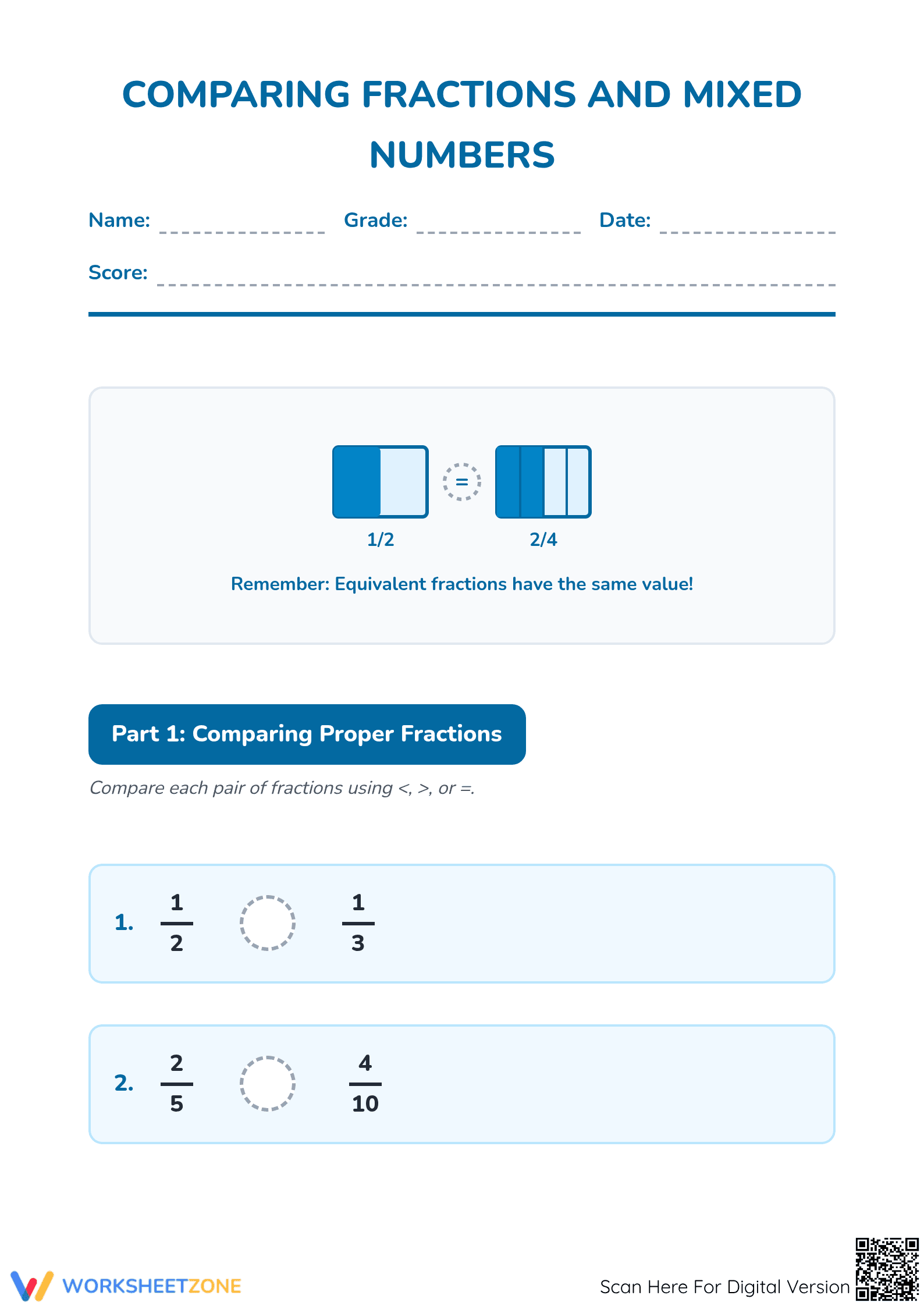 Printable Comparing Mixed Numbers Worksheet | Grade 4 Math - Page 1