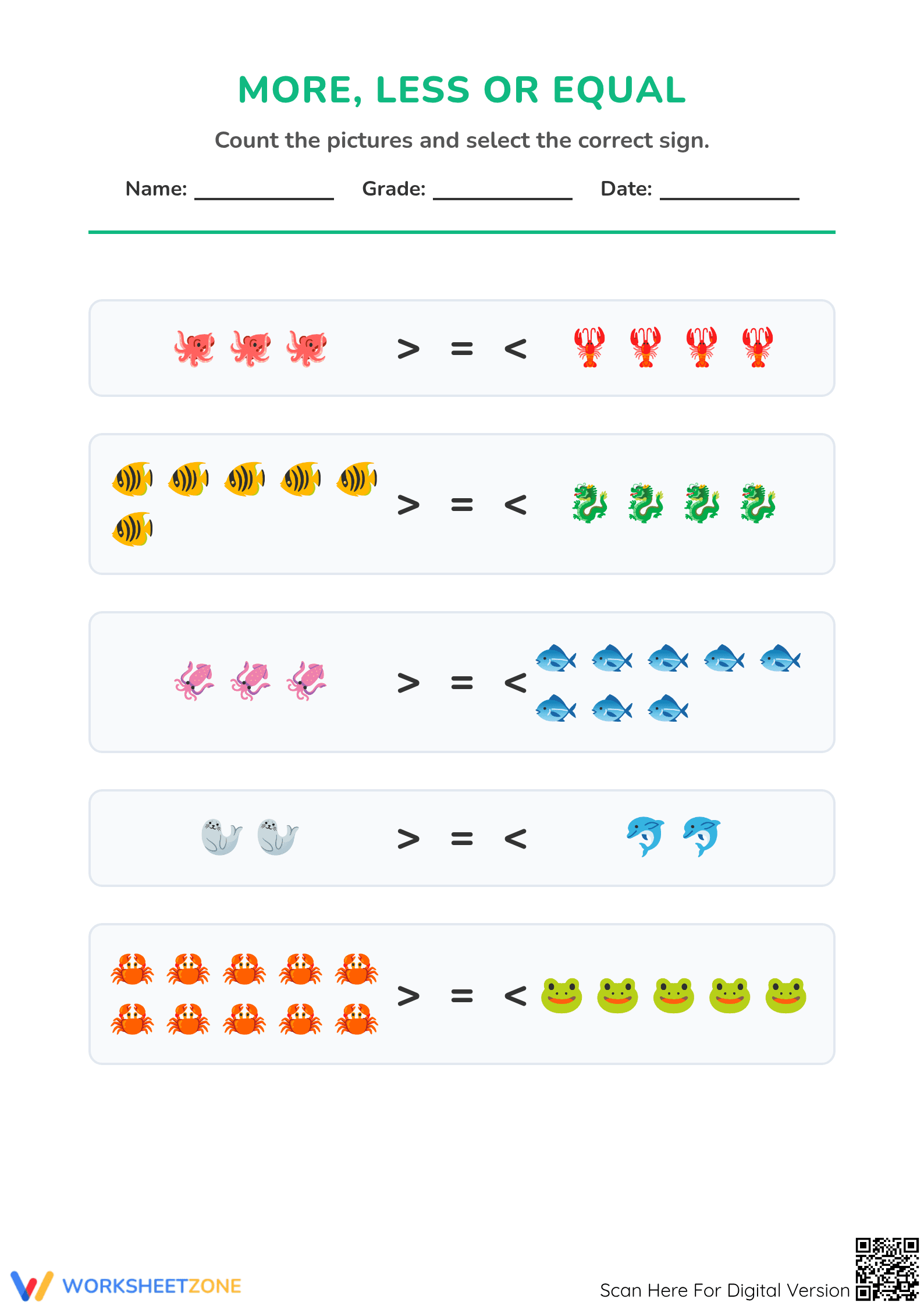 Comparing Numbers Worksheet | Printable Grade K Math - Page 1
