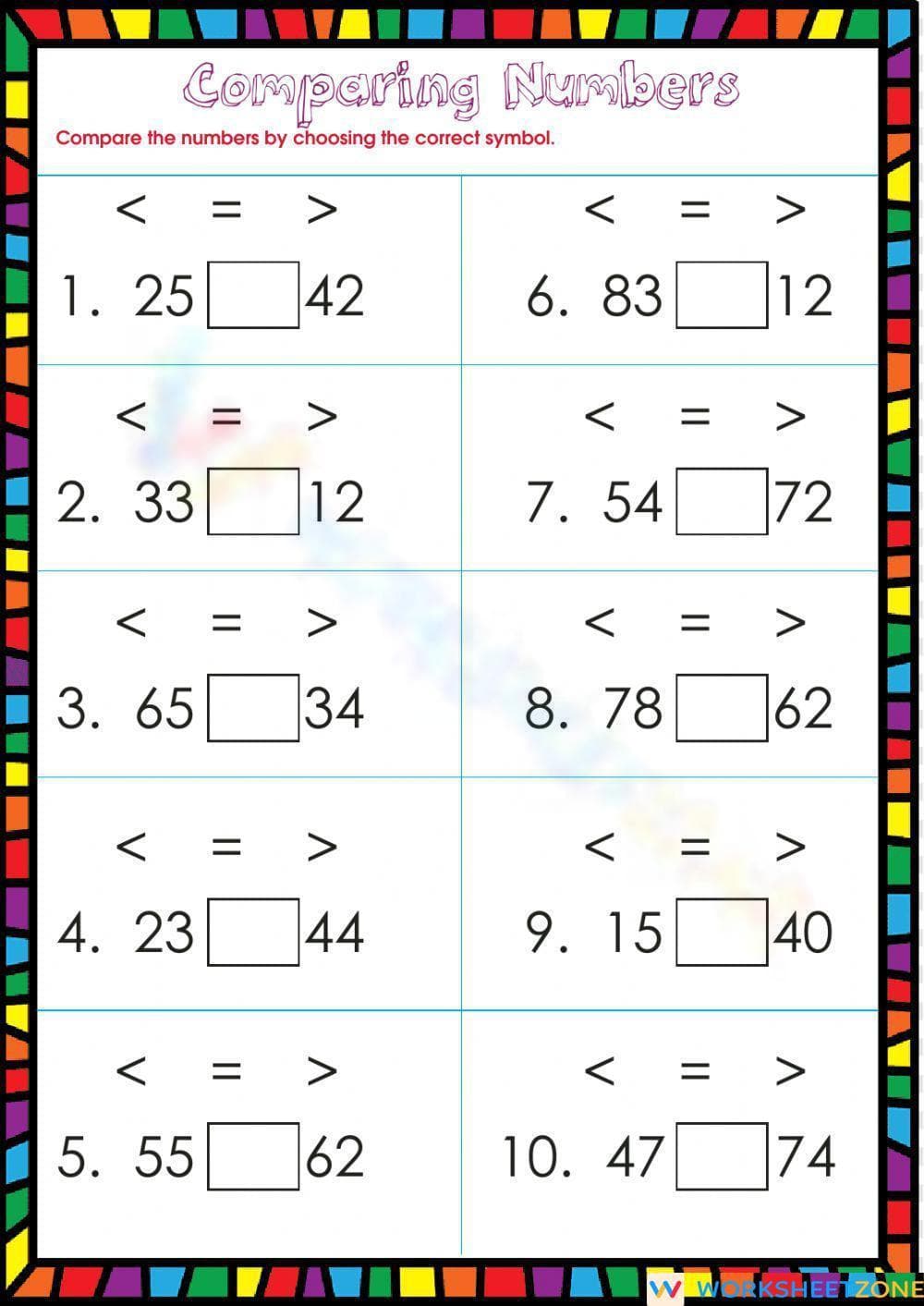 Worksheet for Comparing Numbers Skills - Page 1