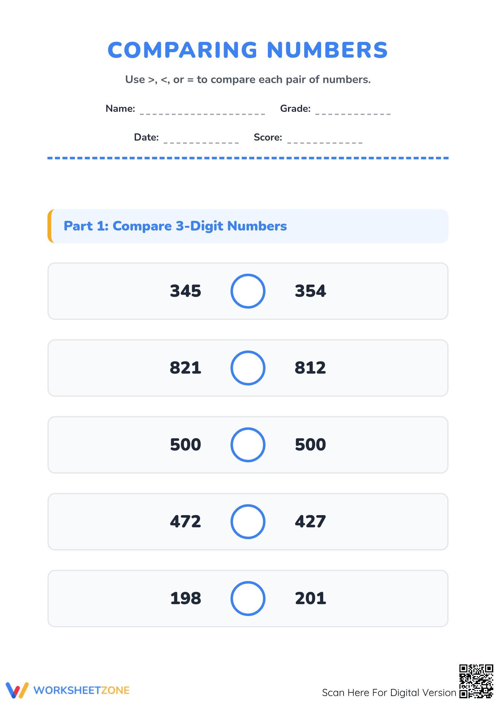 Grade 3 Comparing Numbers — Printable No-Prep Worksheet - Page 1