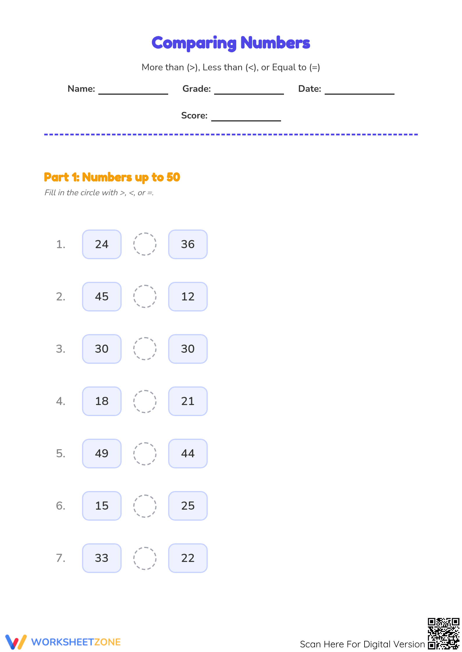 Printable Comparing Numbers Worksheet | Grade 2 Math - Page 1