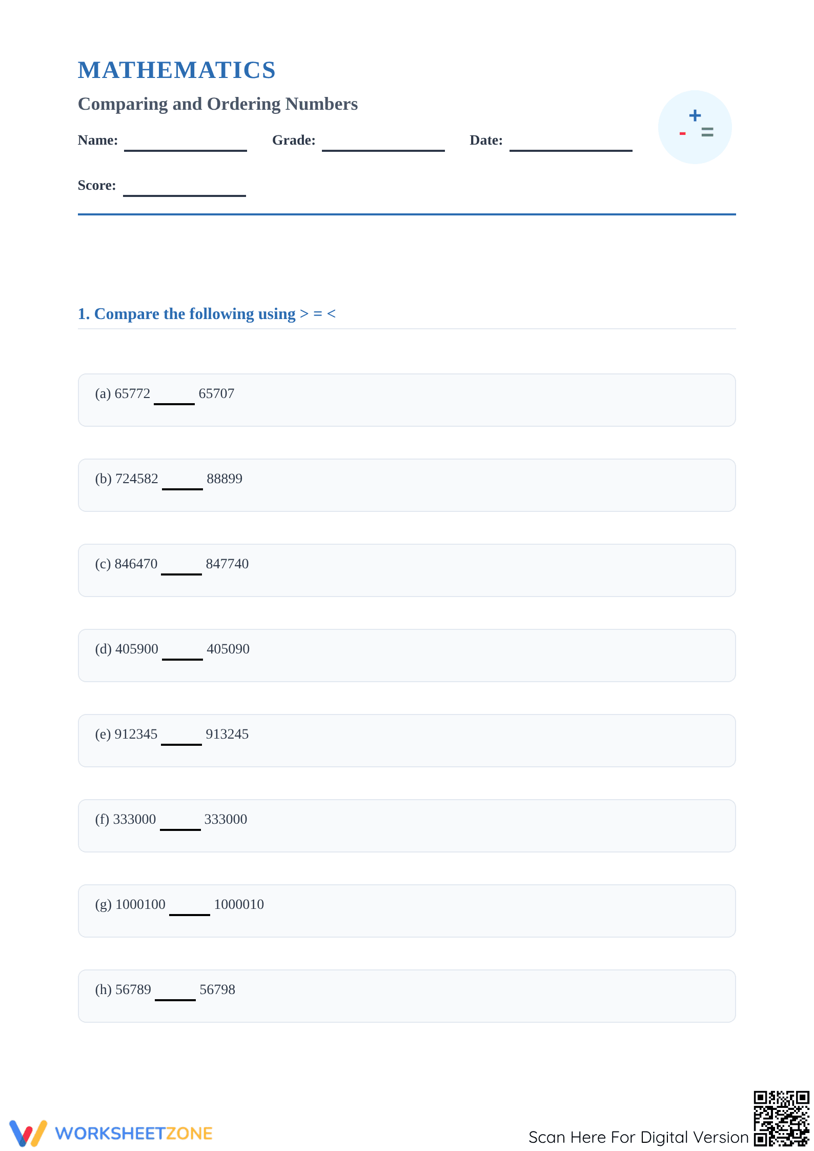 Complete Number Comparison Worksheet | Grade 5 Math - Page 1