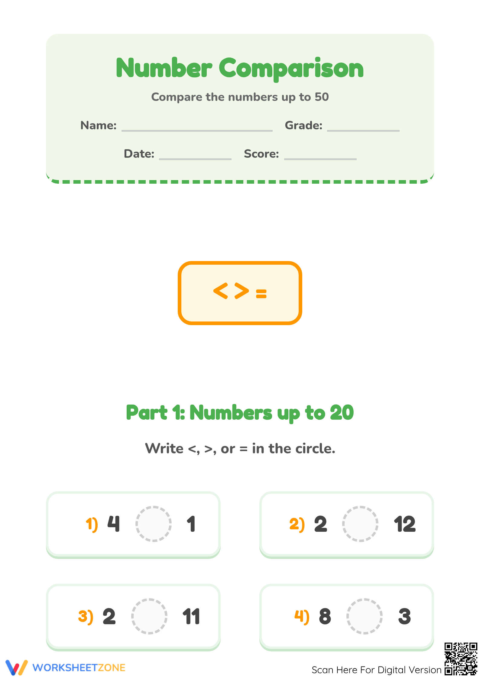 Grade 1 Comparing Numbers — Printable No-Prep Worksheet - Page 1