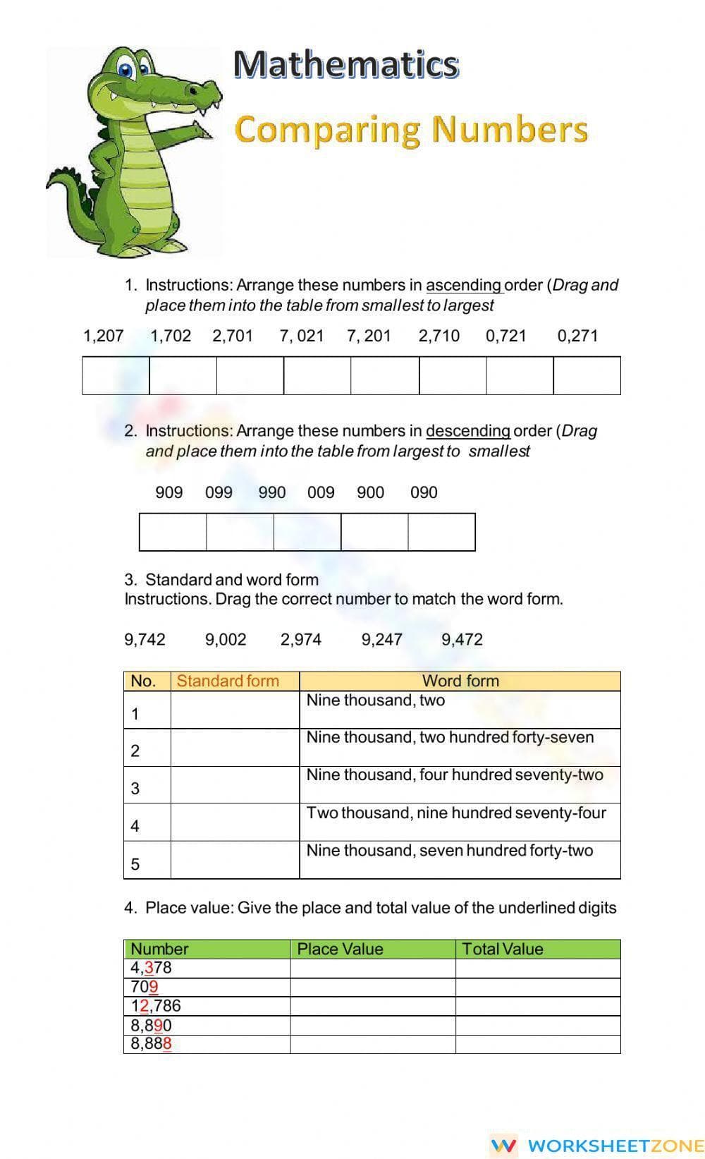 Comparing Numbers Worksheet with Place Value - Page 1
