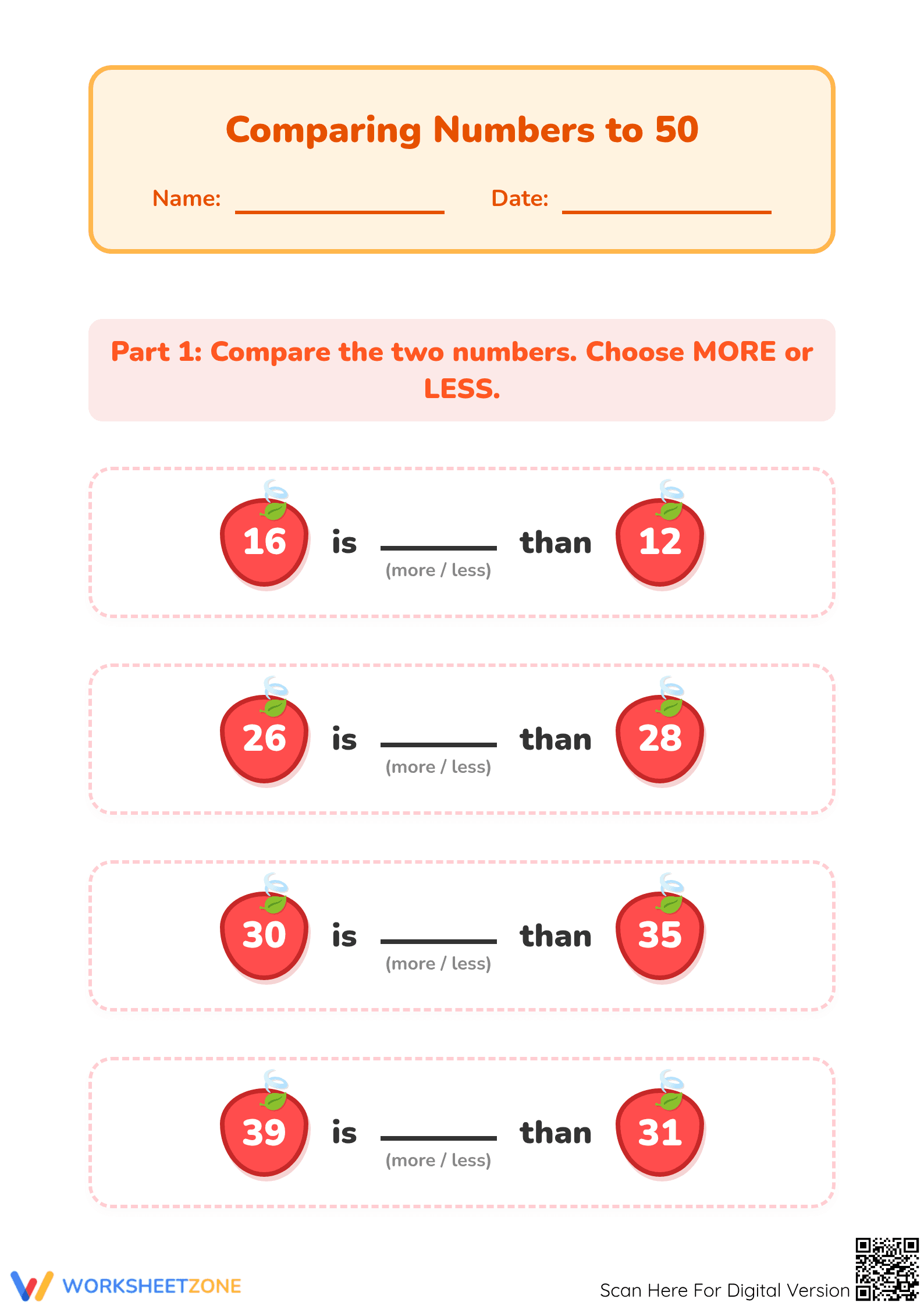 Printable Comparing Numbers to 50 Worksheet | Grade 1 Math - Page 1