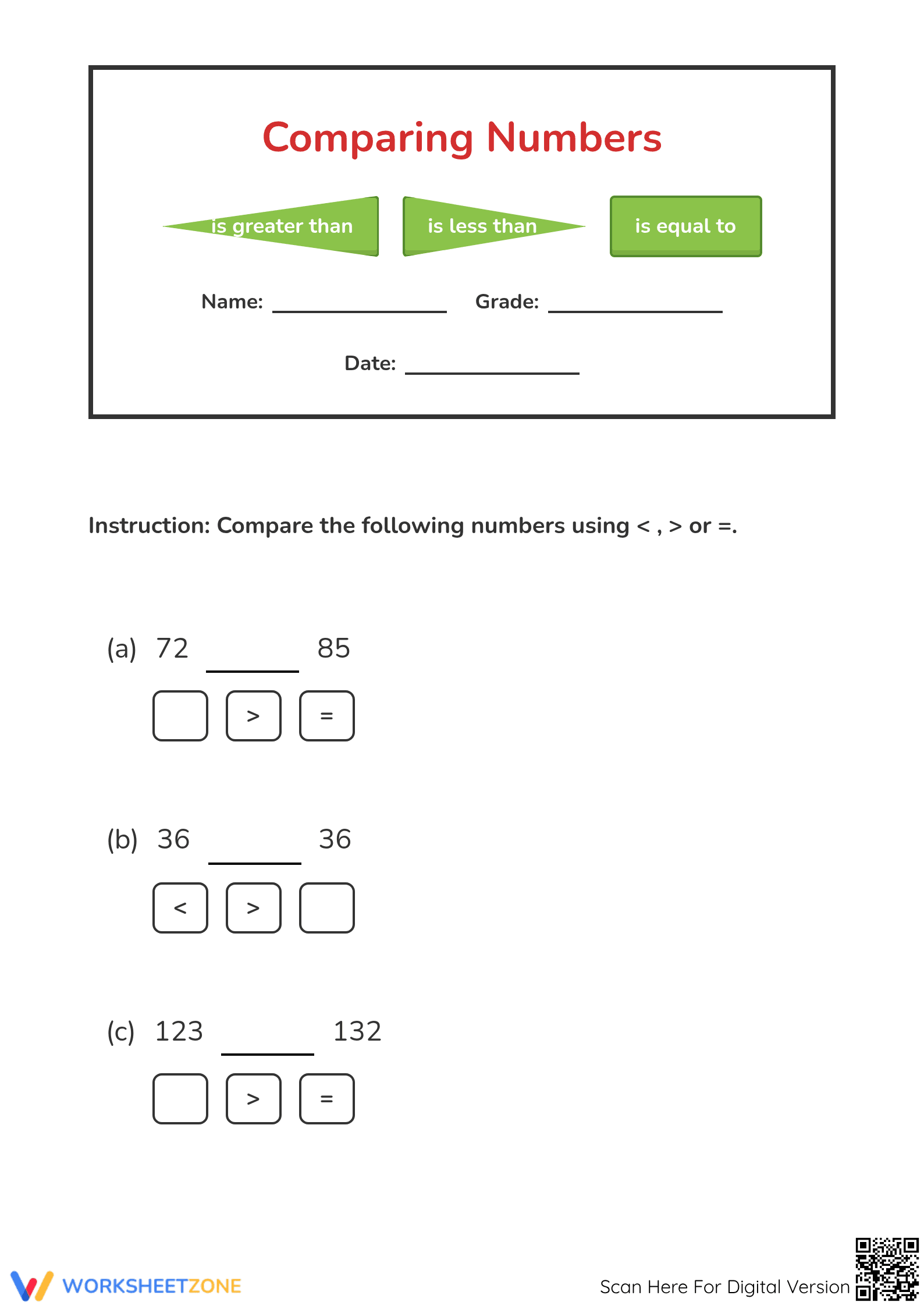 Printable Comparing Numbers Worksheet | Grade 2 Math - Page 1