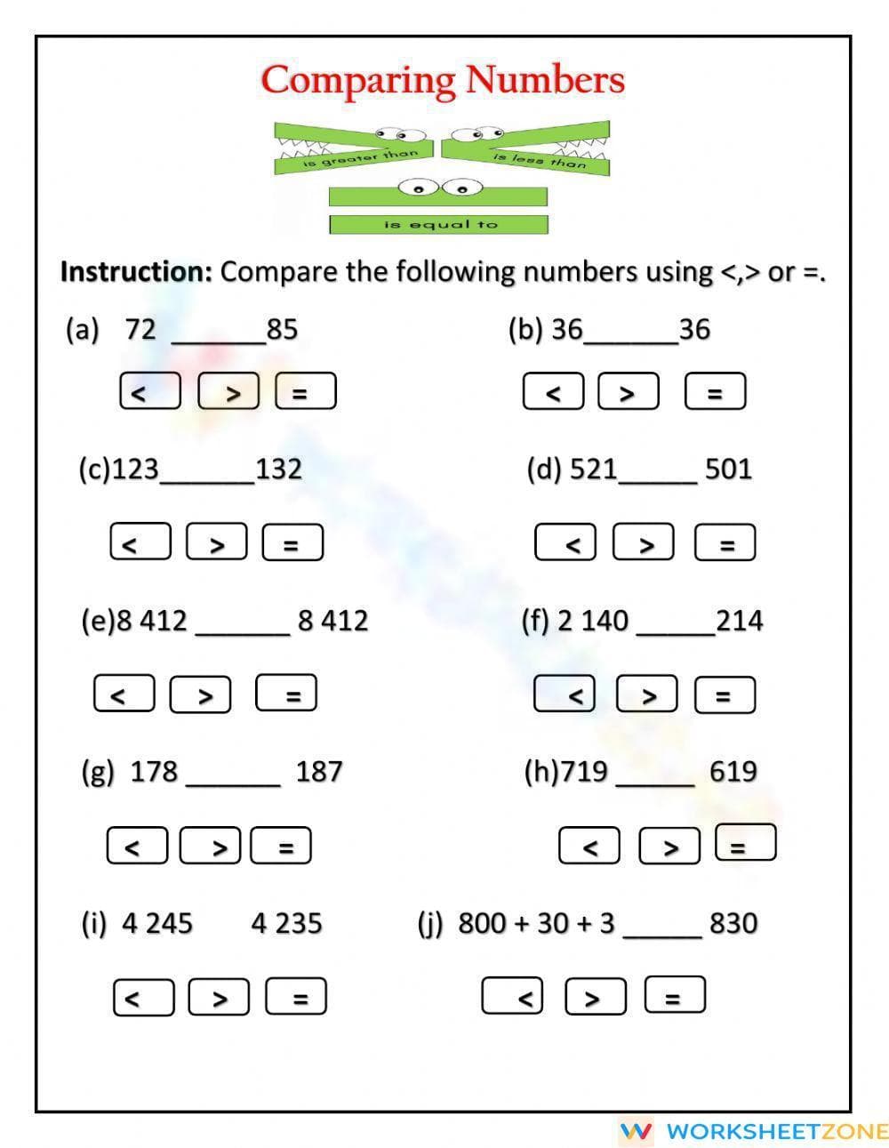 Comparing Whole Numbers - Page 1