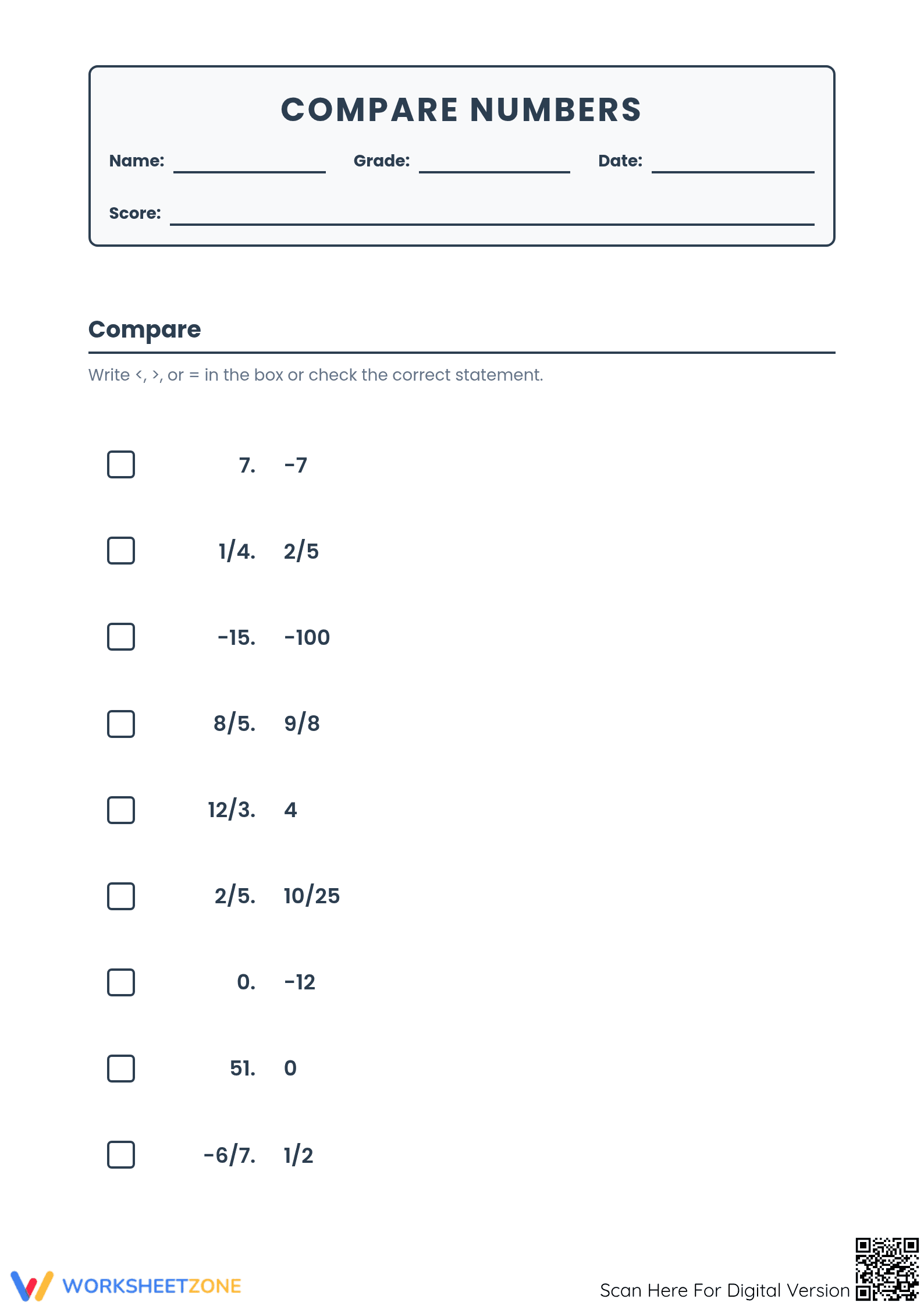 Grade 6 Comparing Integers — Printable No-Prep Worksheet - Page 1