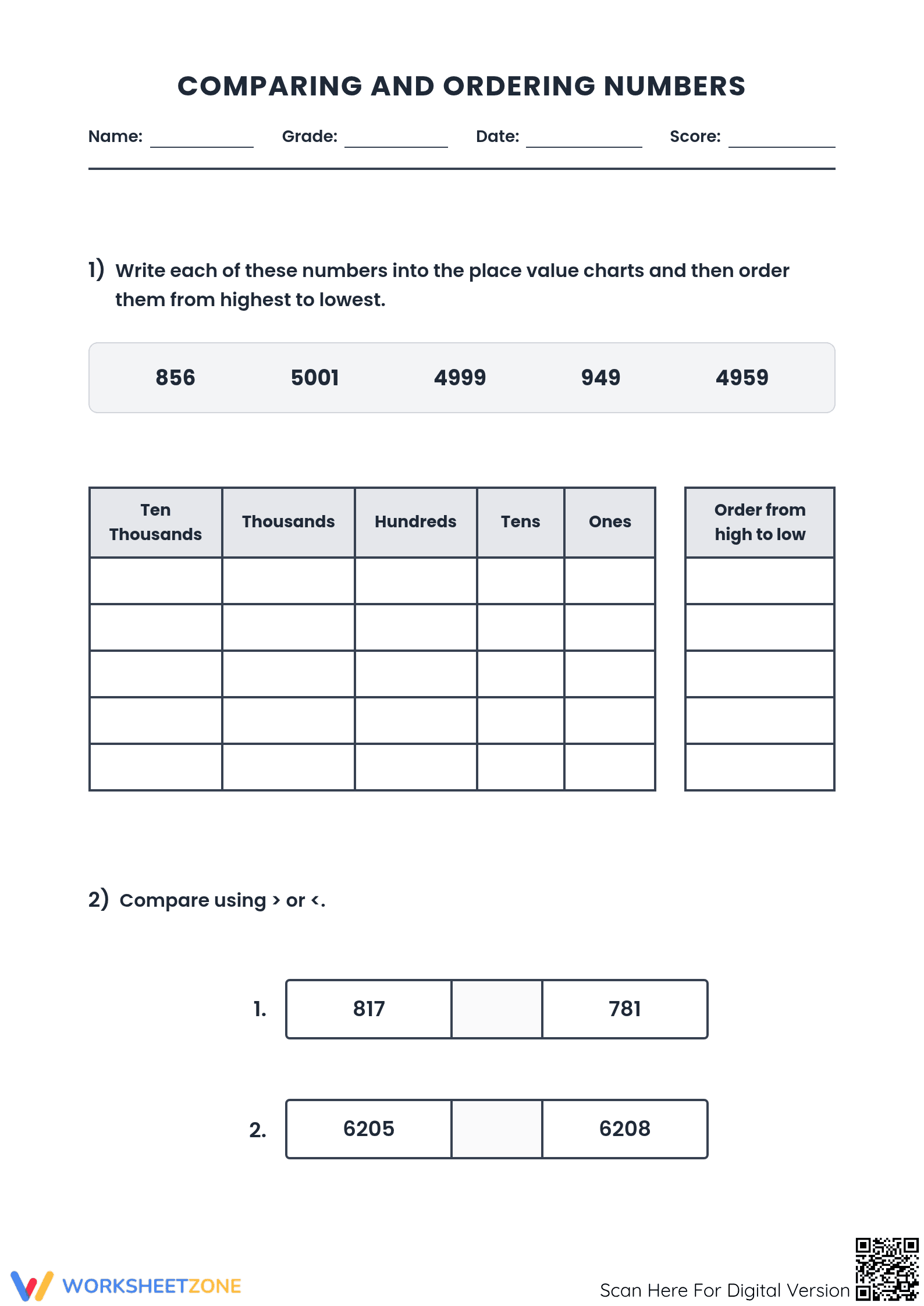 Printable Comparing Numbers Worksheet | Grade 4 Math - Page 1