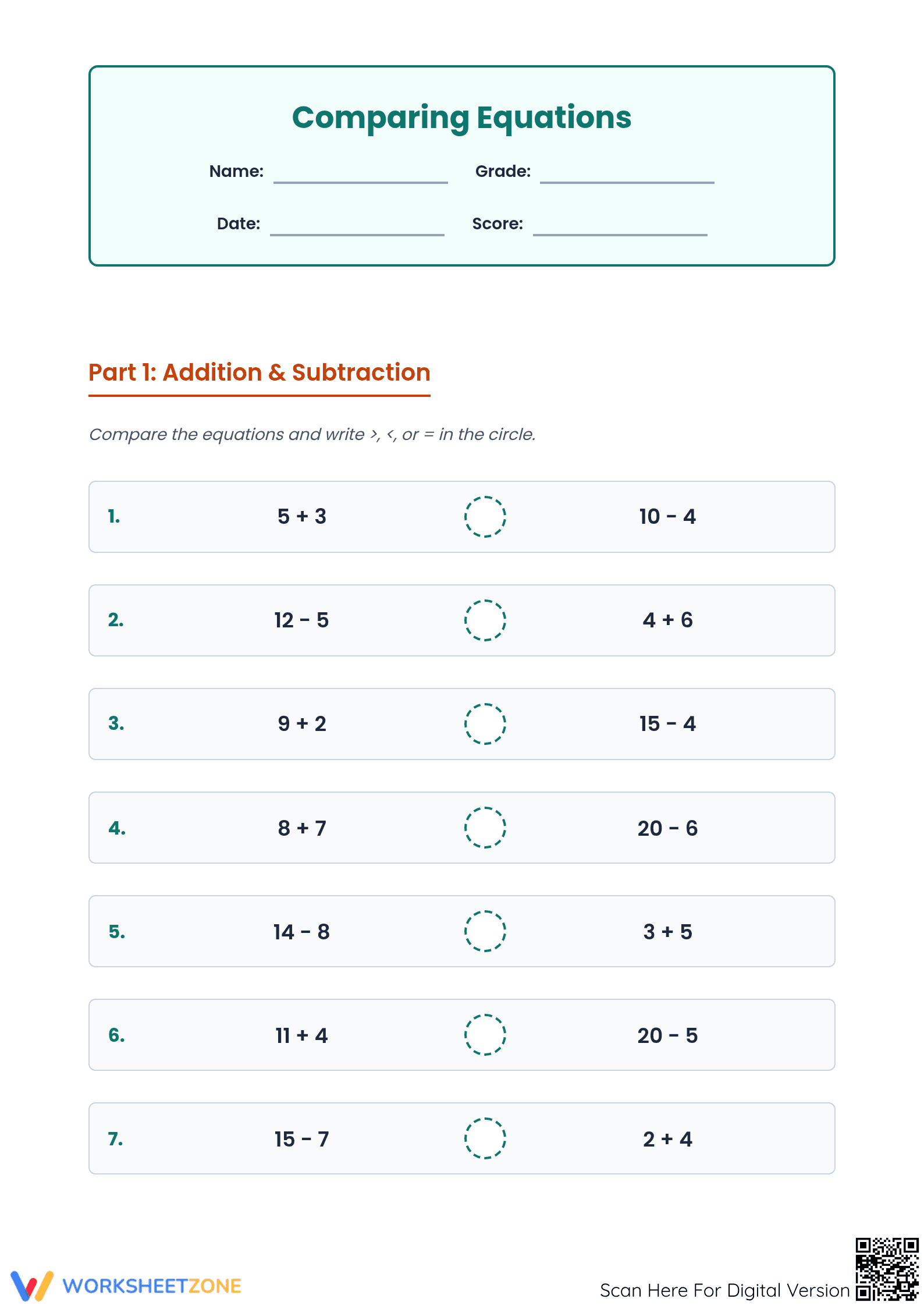 Printable Comparing Equations Worksheet | Grade 5 Math - Page 1