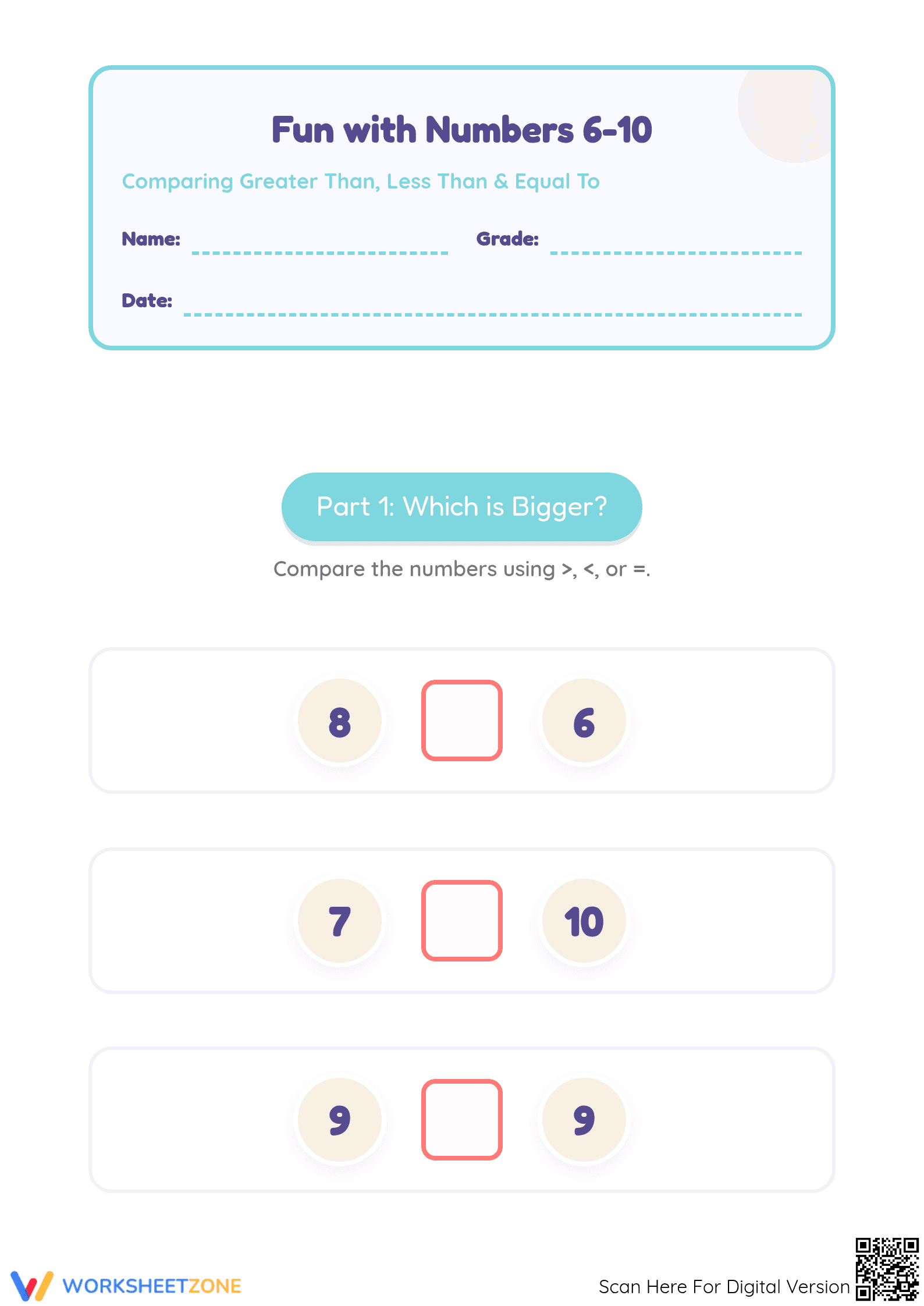 Grade 1 Number Comparison — Printable No-Prep Worksheet - Page 1