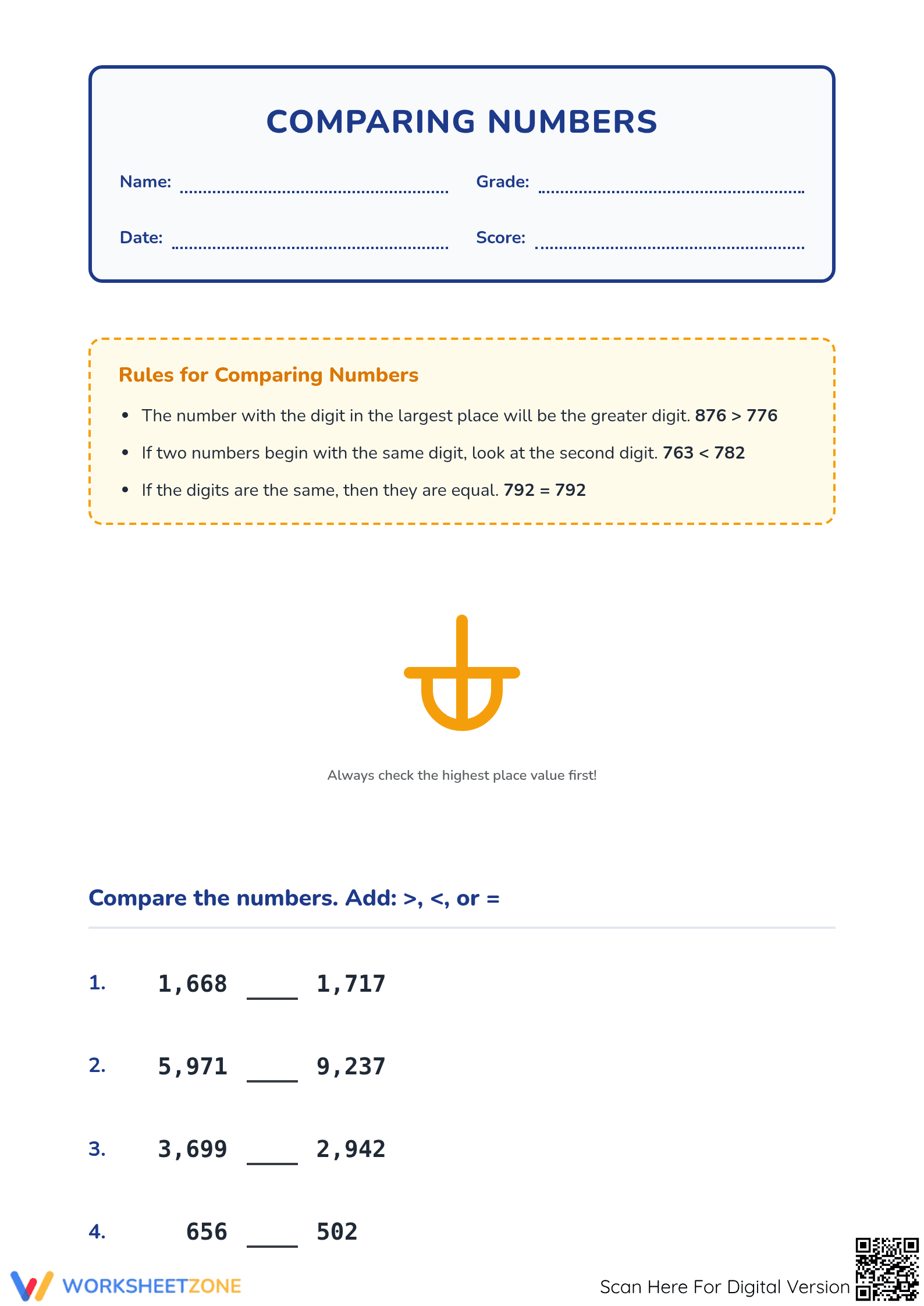 Grade 4 Comparing Numbers — Printable No-Prep Worksheet - Page 1