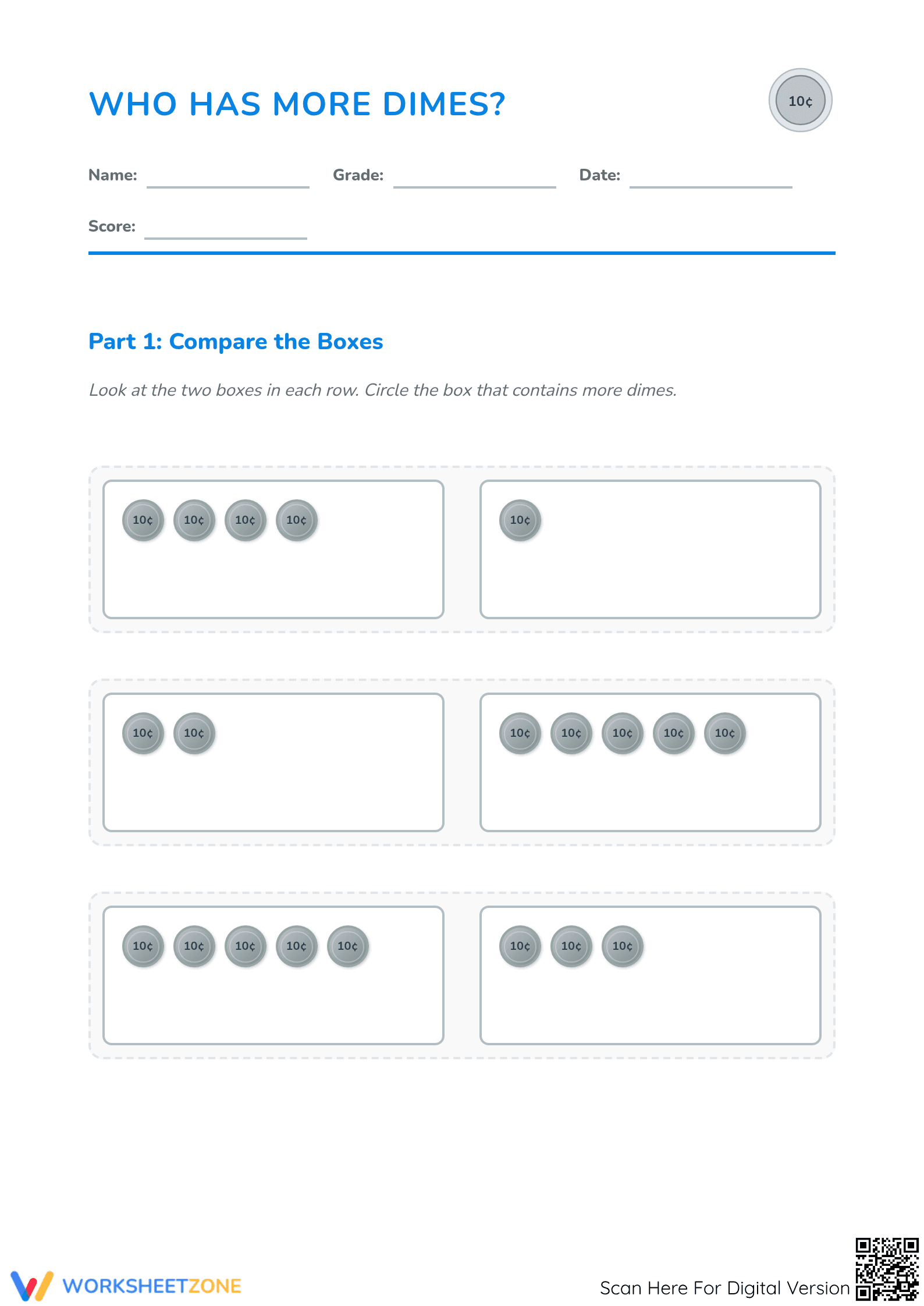 Grade 1-2 Who Has More Dimes — Printable No-Prep Worksheet - Page 1