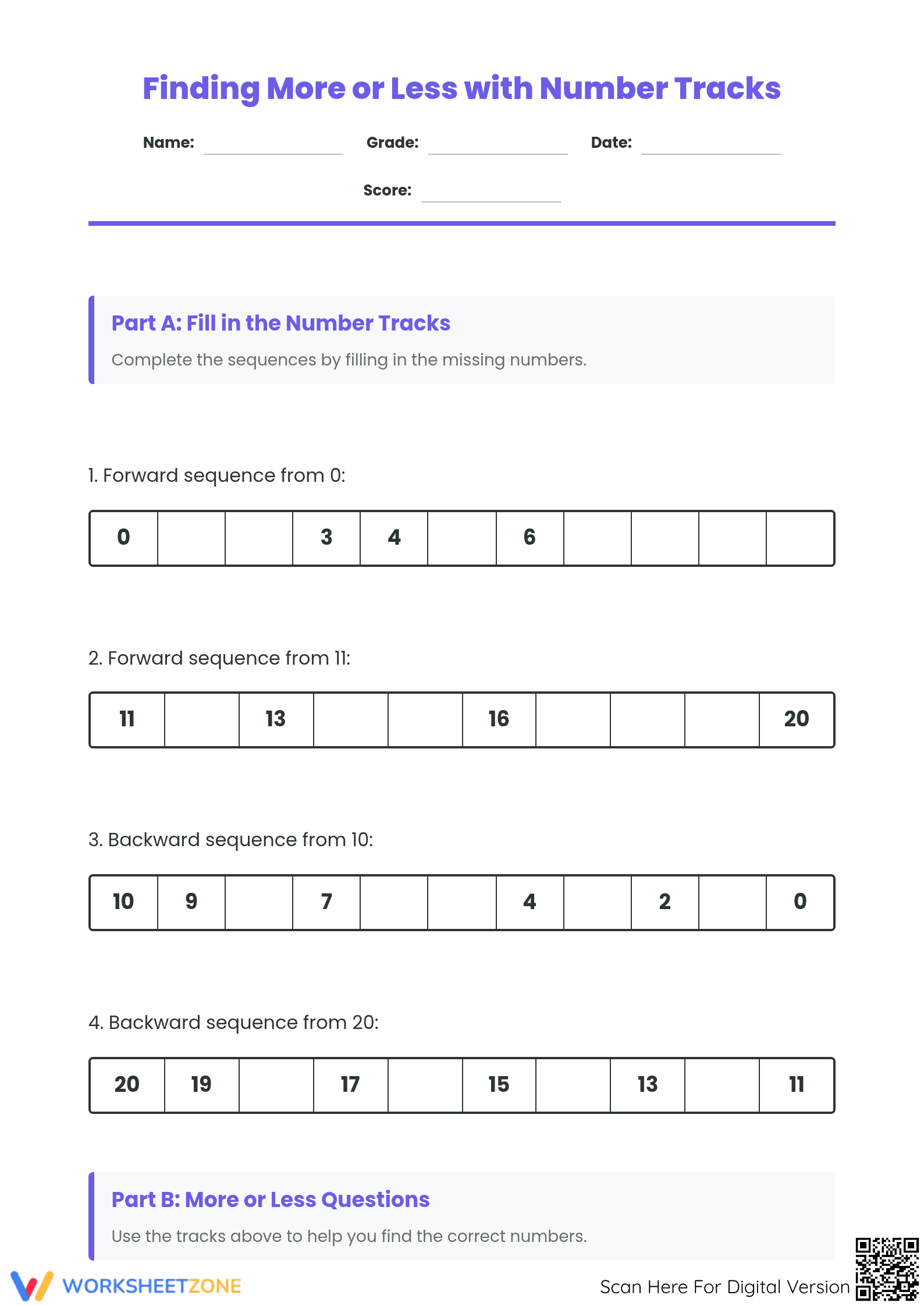Printable Number Track Worksheet | Grade 1 Math More or Less - Page 1