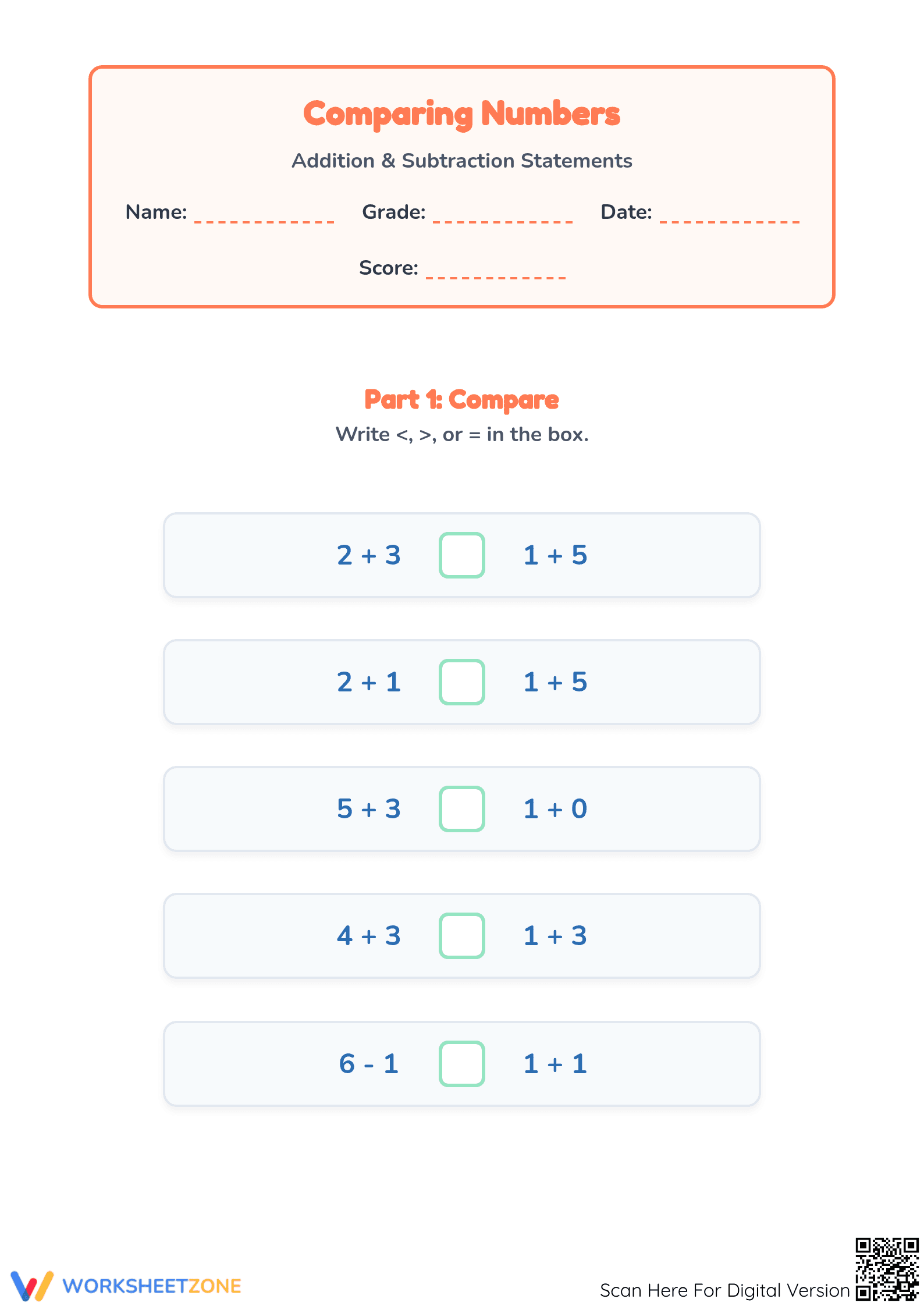 Comparing Expressions Worksheet | Essential Grade 2 Math - Page 1