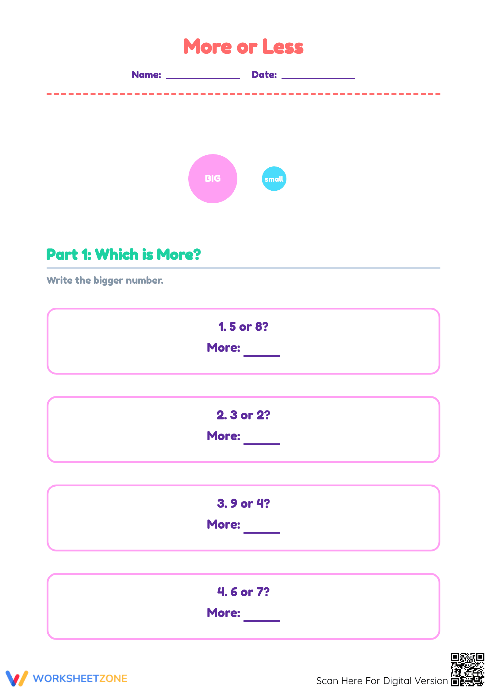 Grade K-1 More or Less Numbers — Printable No-Prep Worksheet - Page 1