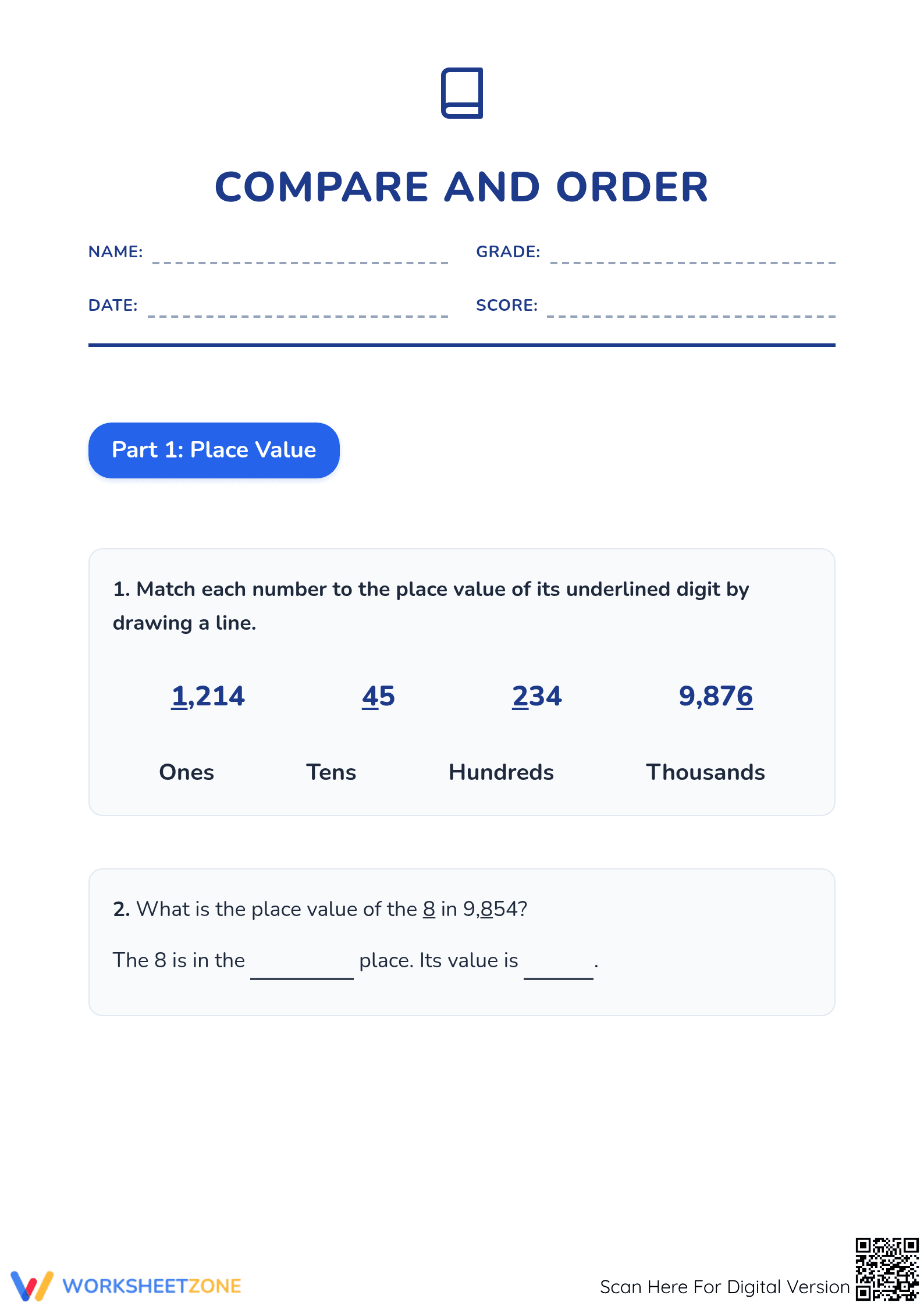 Compare and Order Numbers Worksheet | Essential Grade 3 - Page 1
