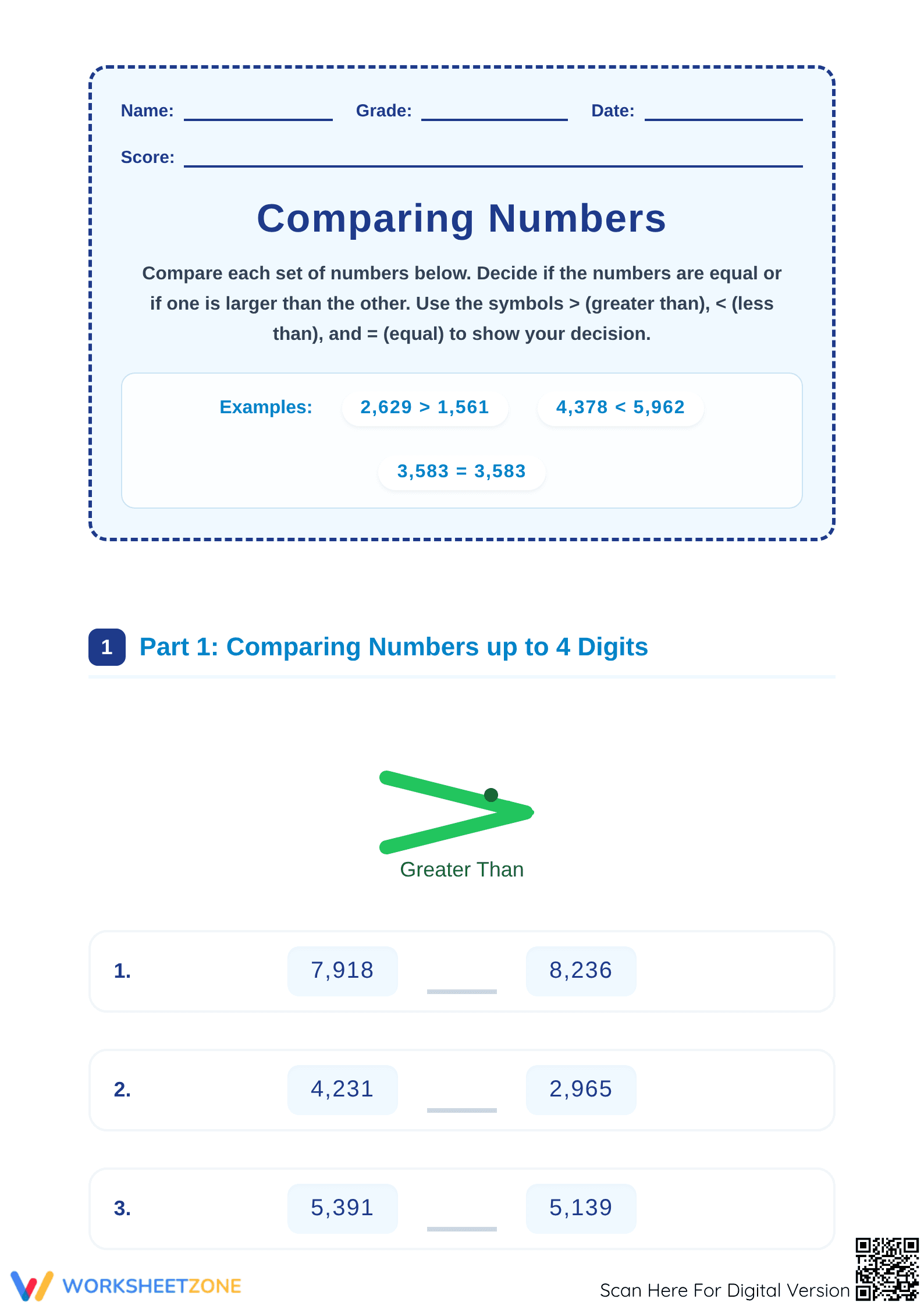 Grade 4 Comparing Numbers — Complete No-Prep Worksheet - Page 1
