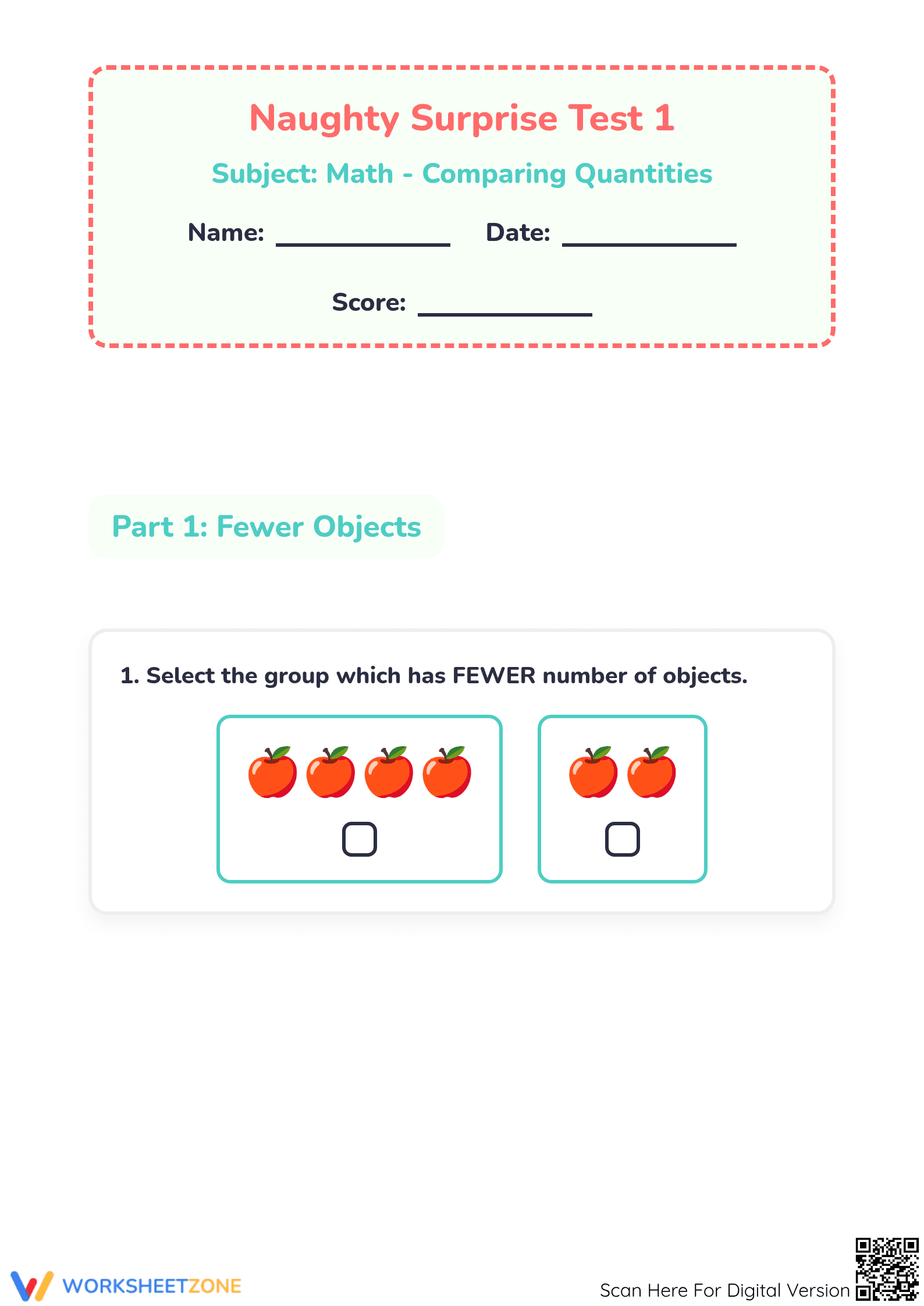 Comparing More and Fewer Worksheet | Grade K Essential Math - Page 1