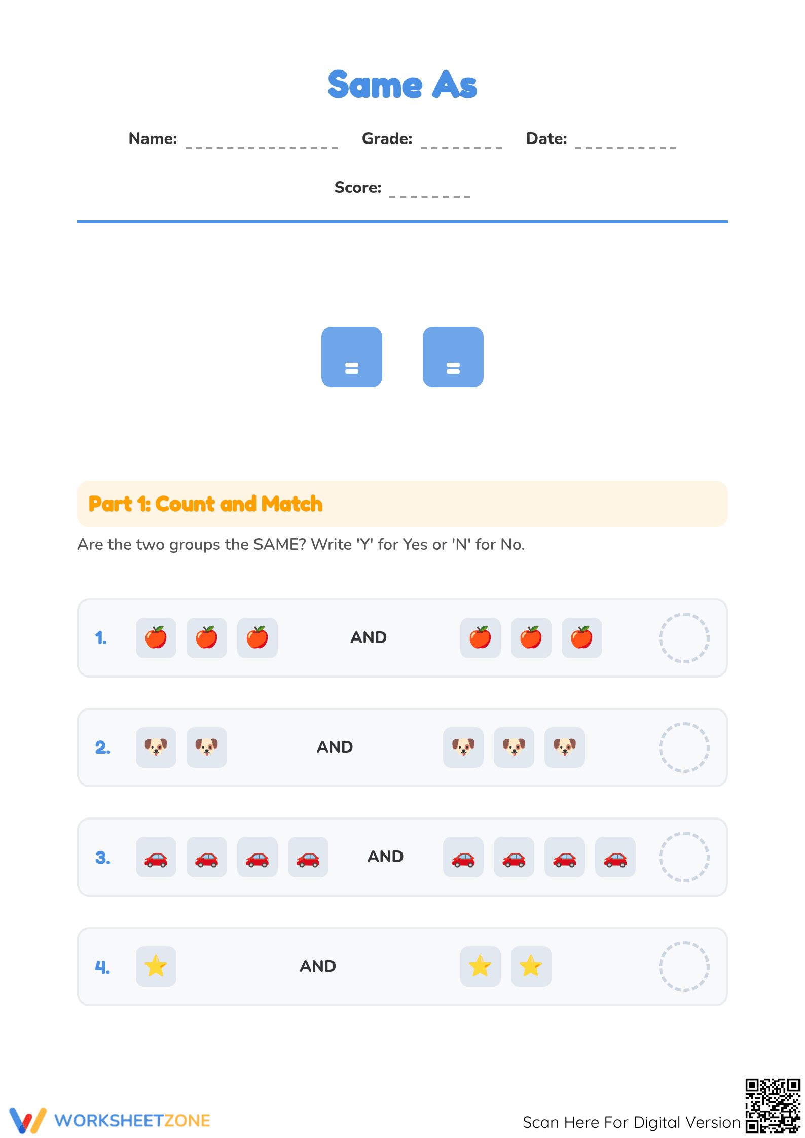 Printable Same As Comparing Quantities Worksheet | Grade K - Page 1