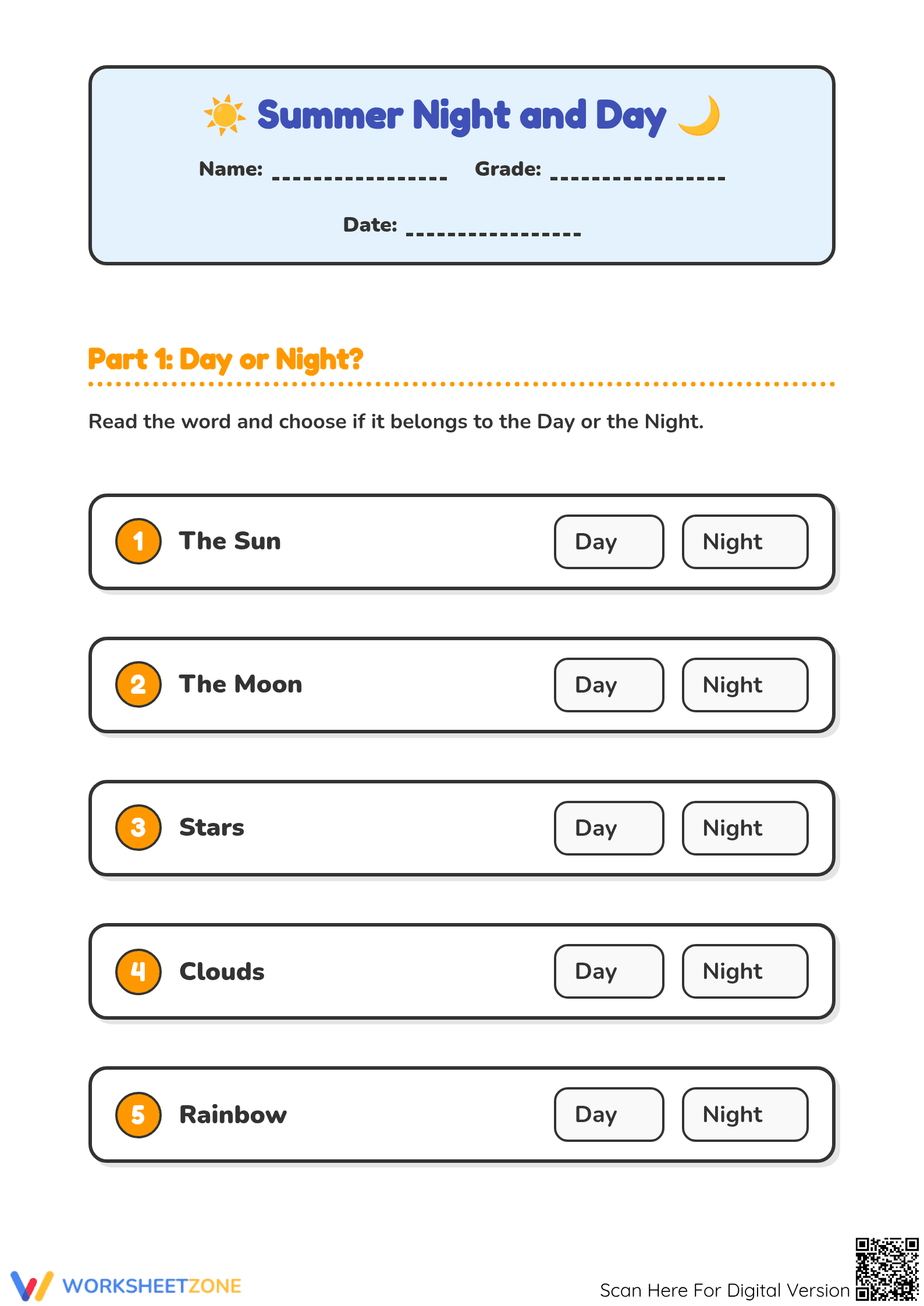 Night and Day Sorting Worksheet | Essential Grade K Math - Page 1