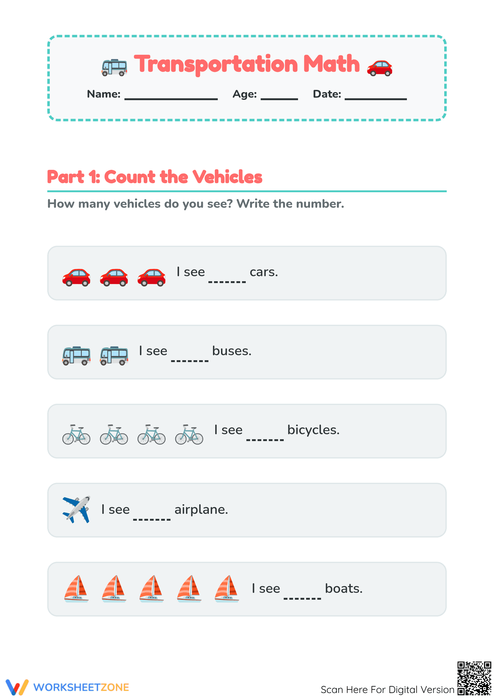 Printable Preschool Math Worksheet: Transportation Comparison - Page 1