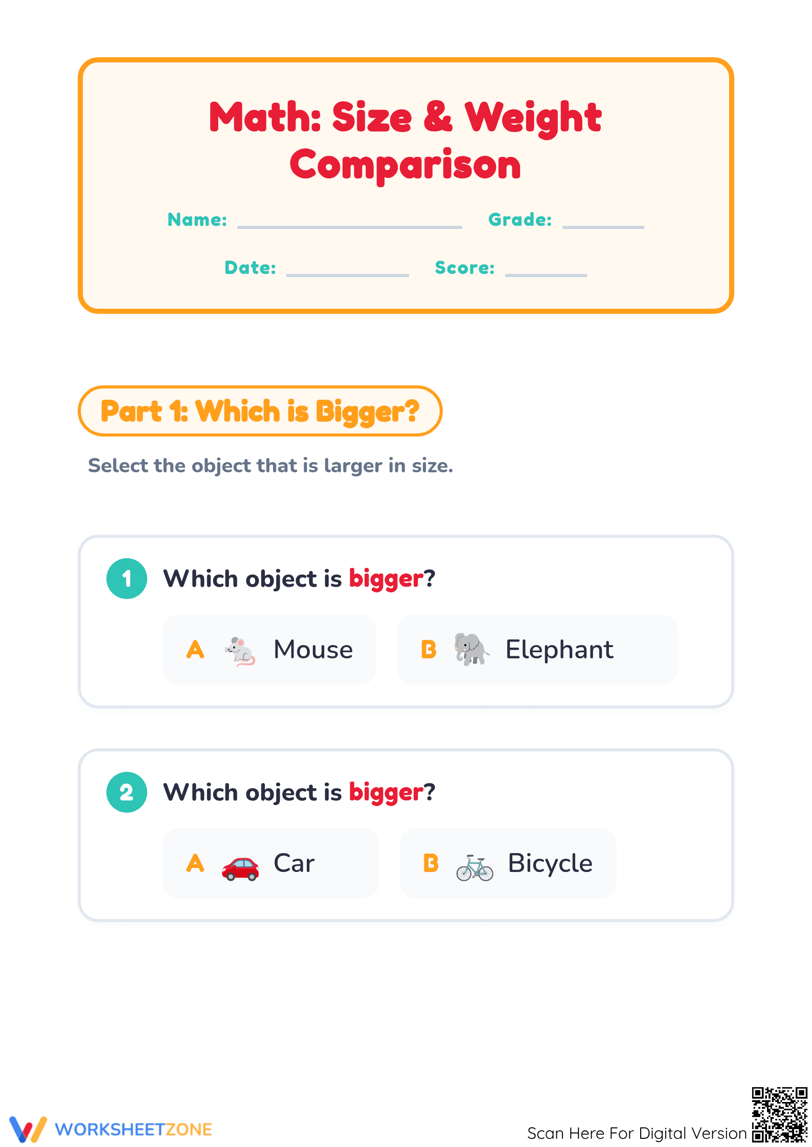 Printable Grade K-1 Math: Insect Size & Weight Sorting - Page 1