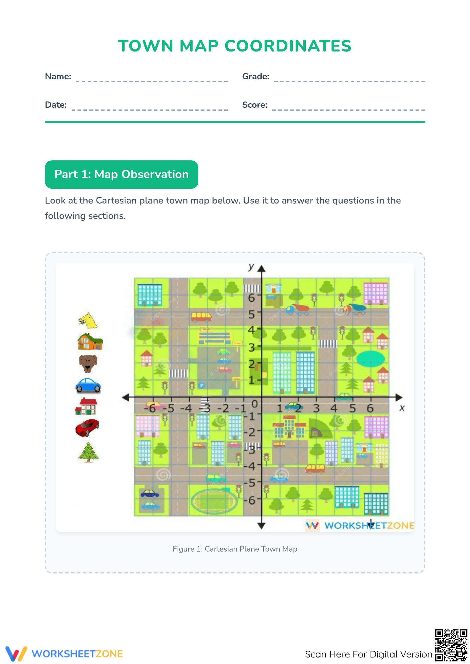 Town Coordinate Plane Worksheet | Printable Grade 6 Math - Page 1
