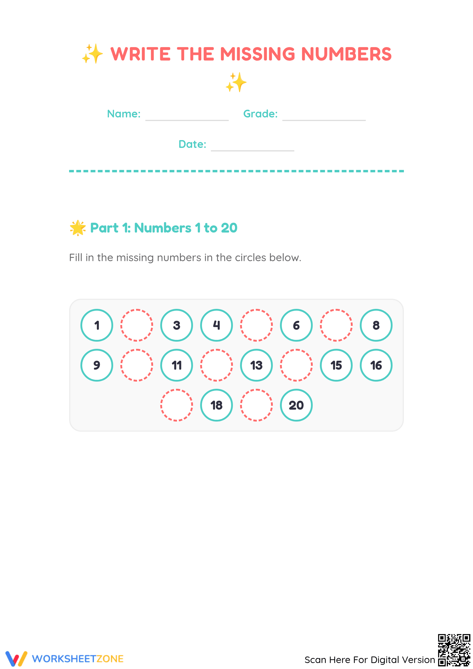 Printable Missing Numbers 1-100 Worksheet for Kindergarten - Page 1