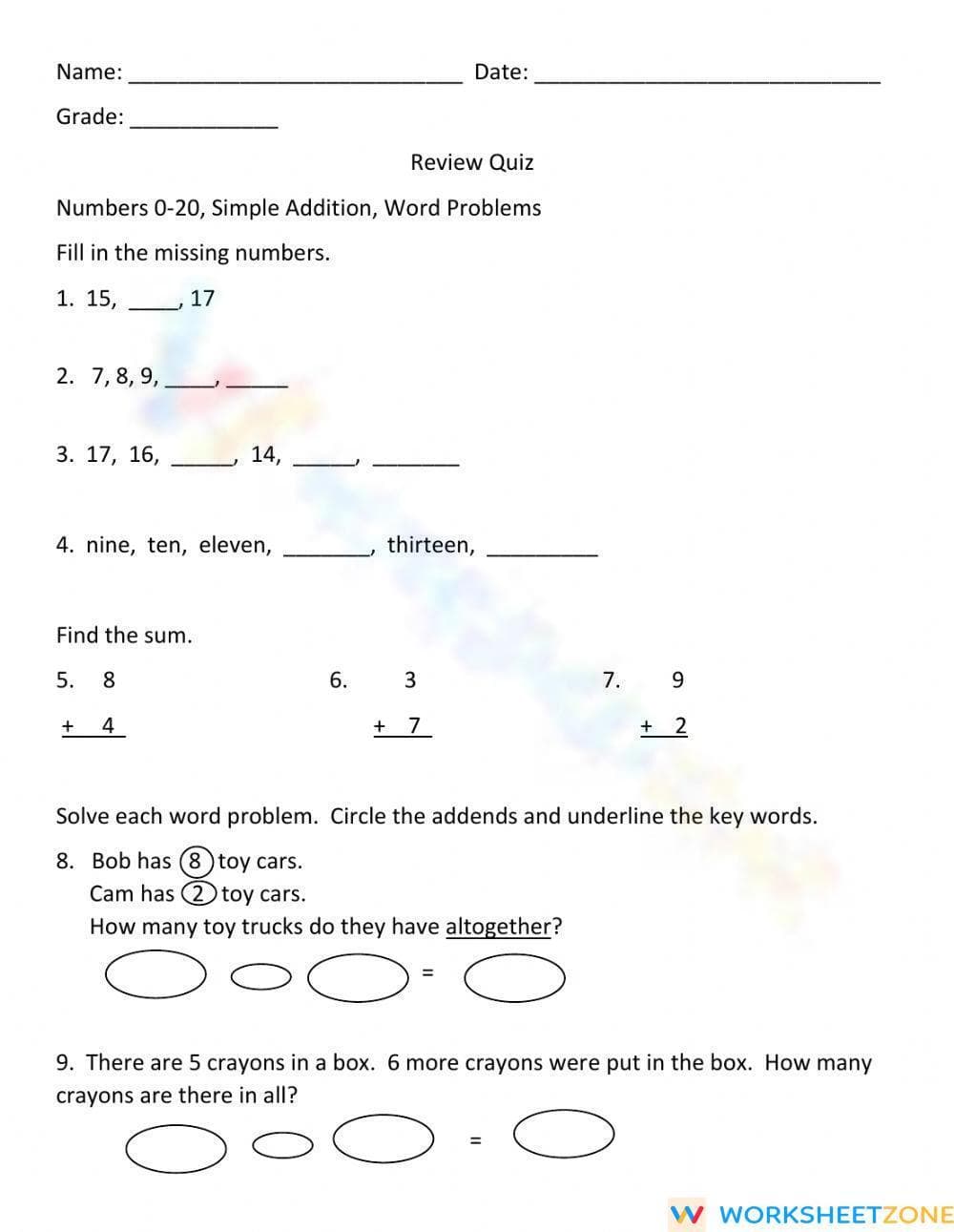 Numbers 0 to 20 Practice Math - Page 1