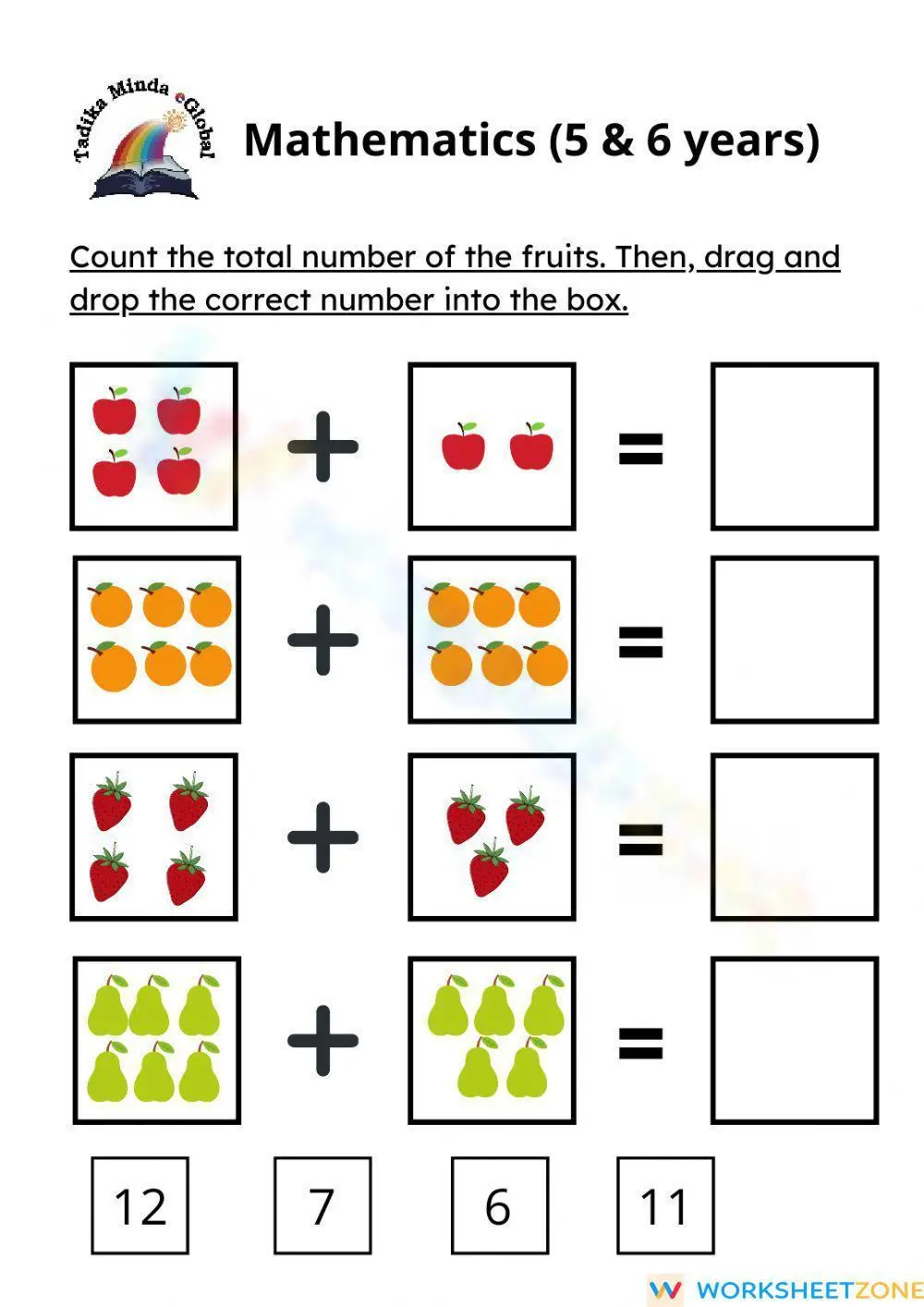 Counting Fruits: Math Worksheet for 5-6 Year Olds - Page 1