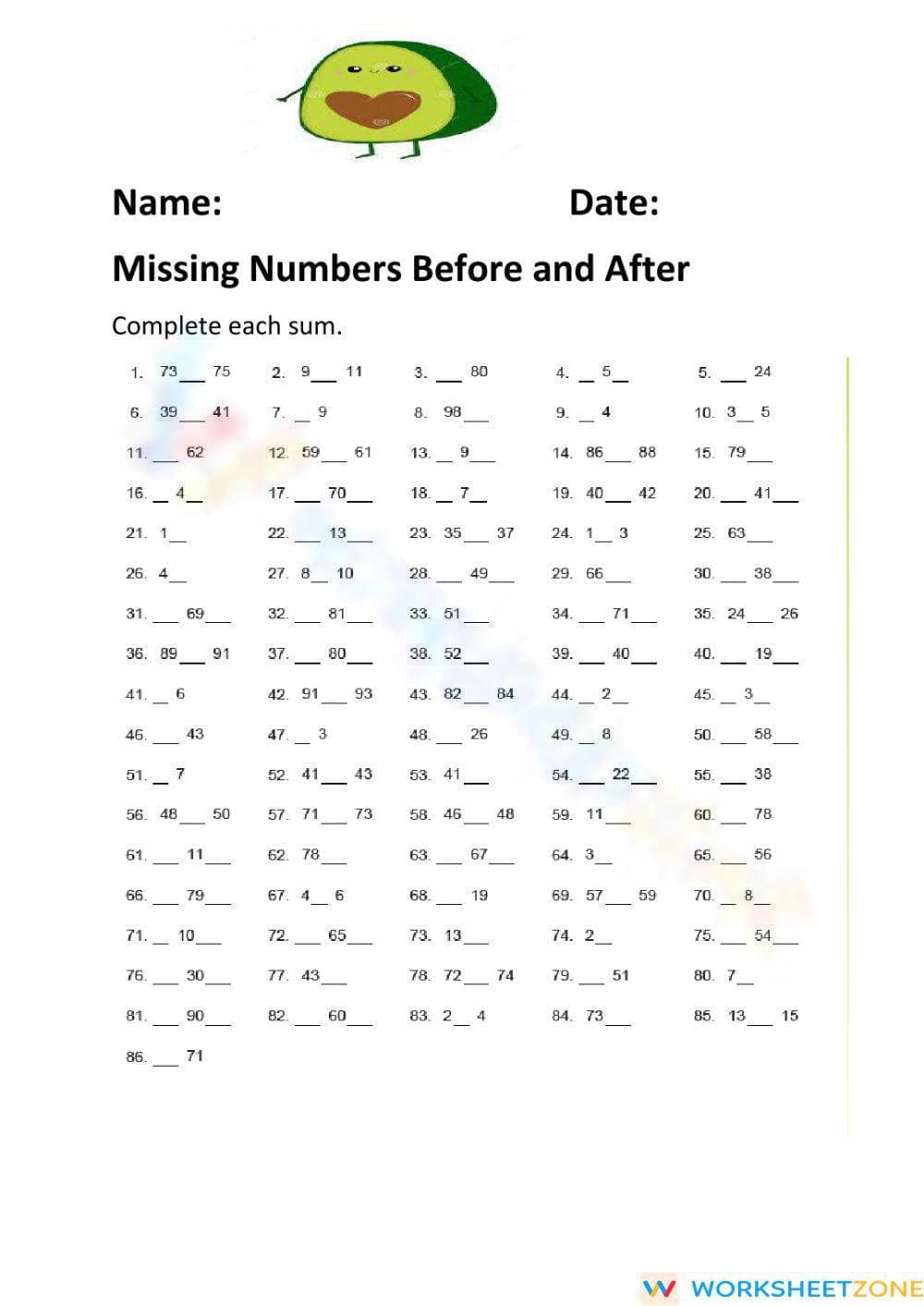 Missing Numbers: Before, Between, and After - Page 1