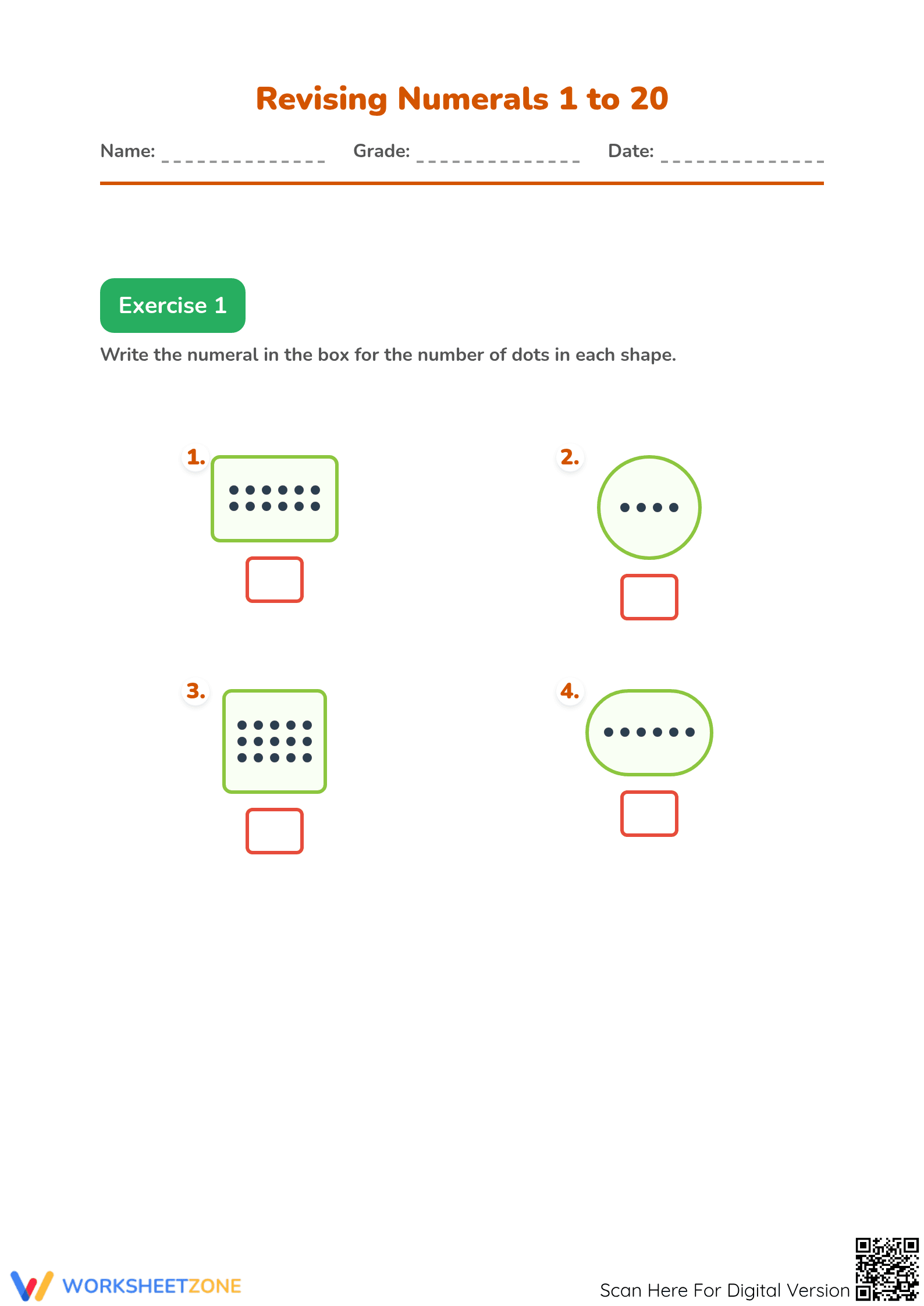 Printable Numerals 1 to 20 Counting Worksheet — Grade 1 - Page 1