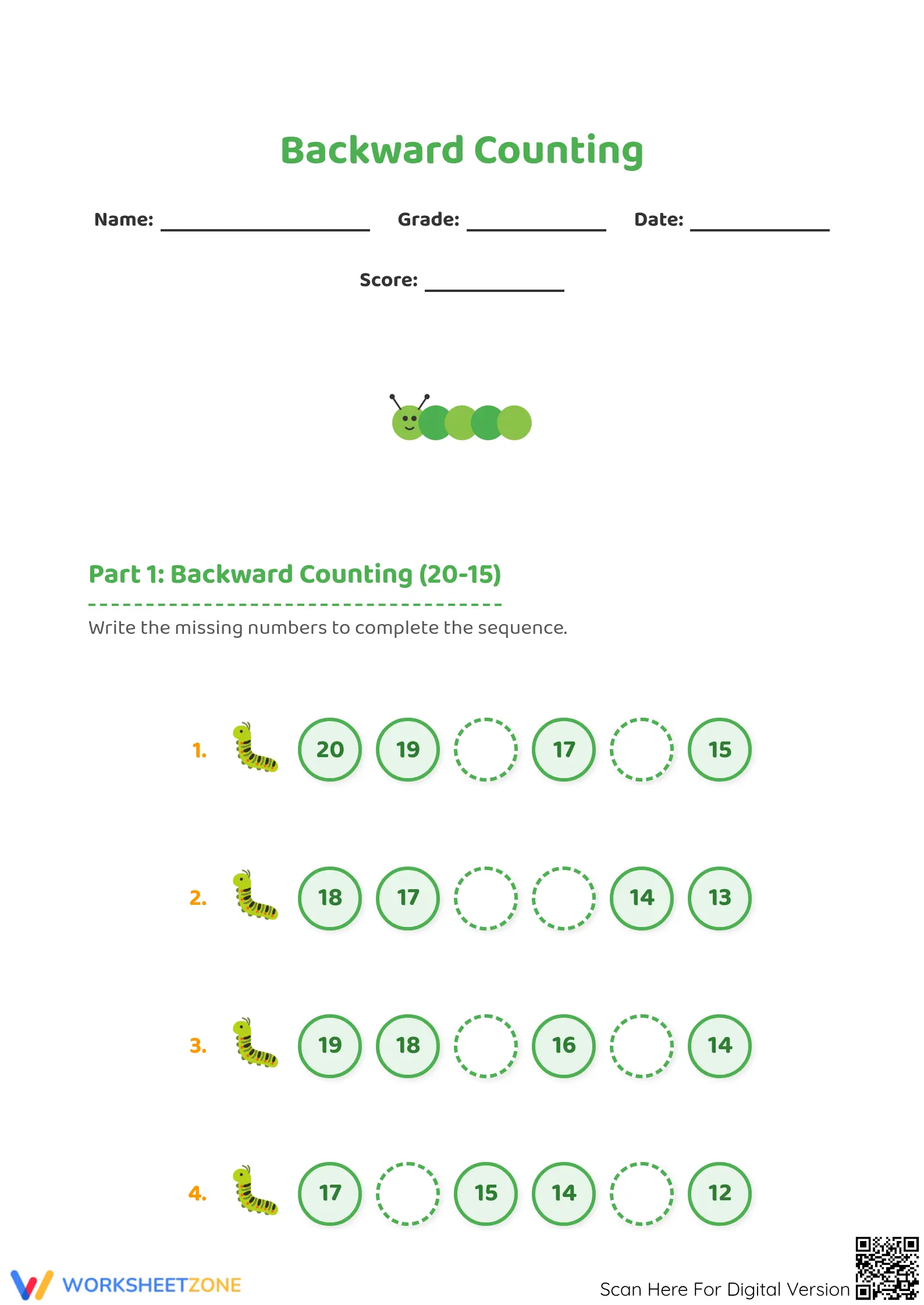 Printable Backward Counting 20-11 Worksheet | Grade K-1 - Page 1