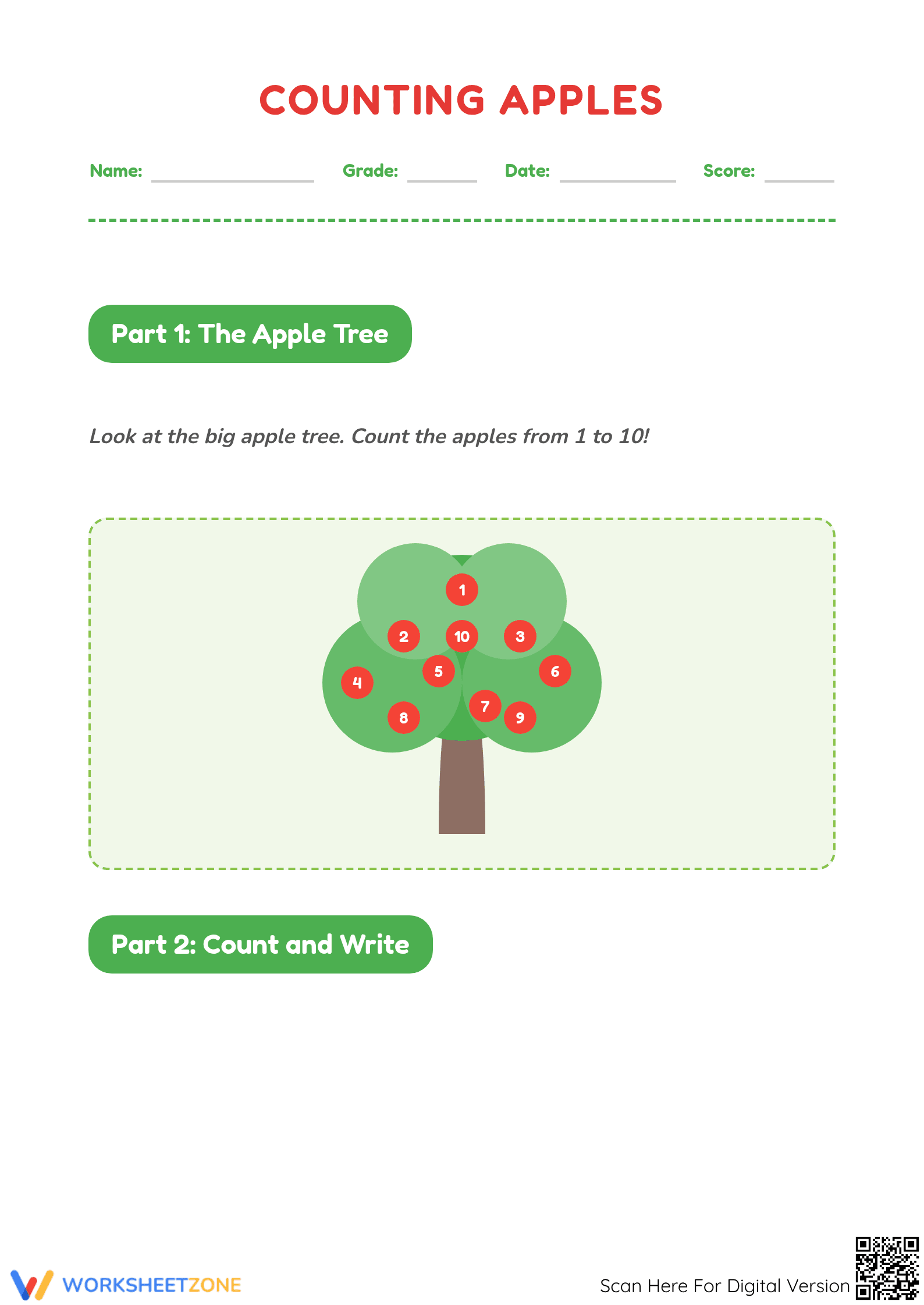 Printable Counting Apples Worksheet | Grade K-1 Math - Page 1