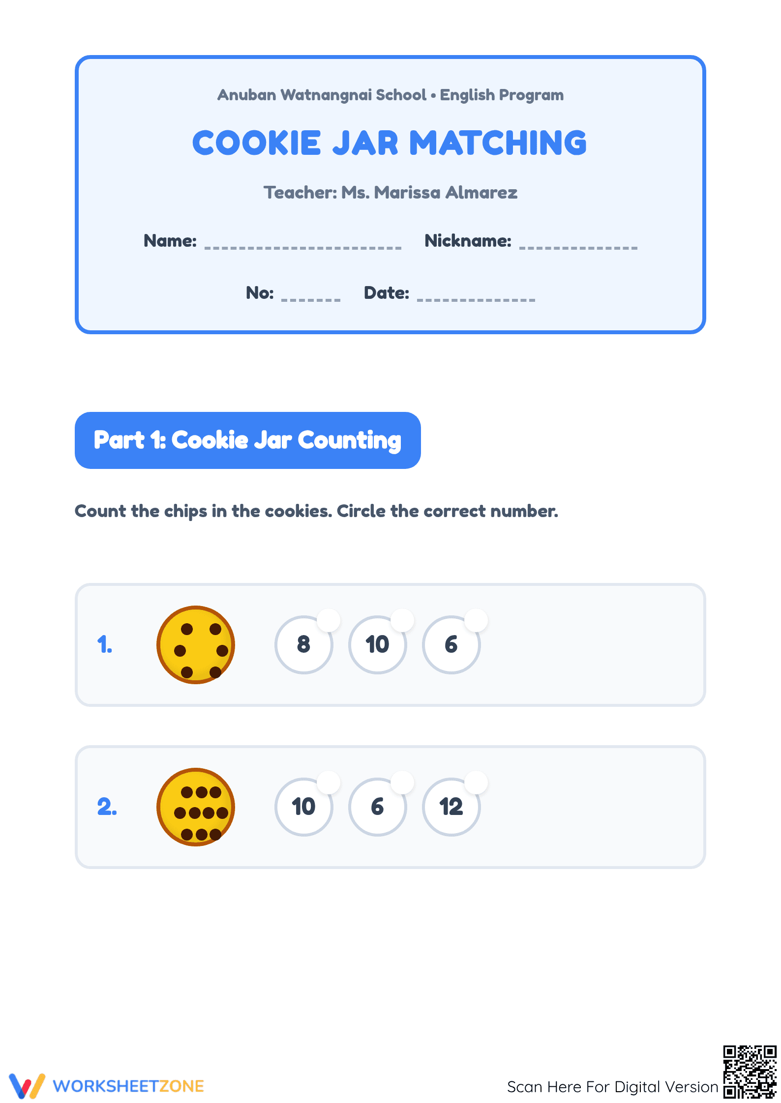 Essential Cookies Counting and Match Worksheet | Kindergarten - Page 1