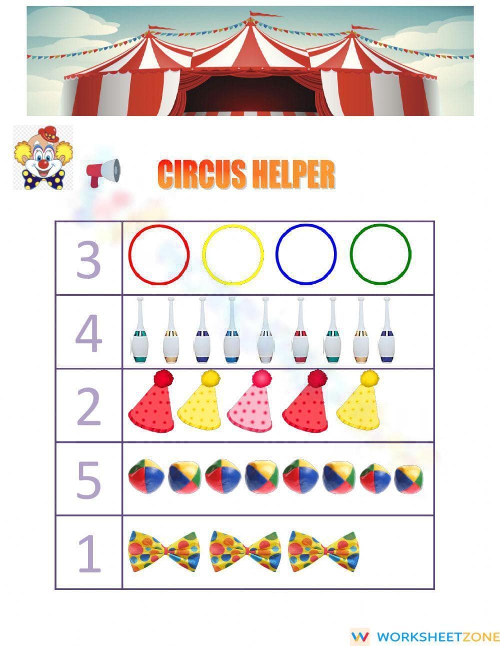 Circus Helper Counting Worksheet - Page 1