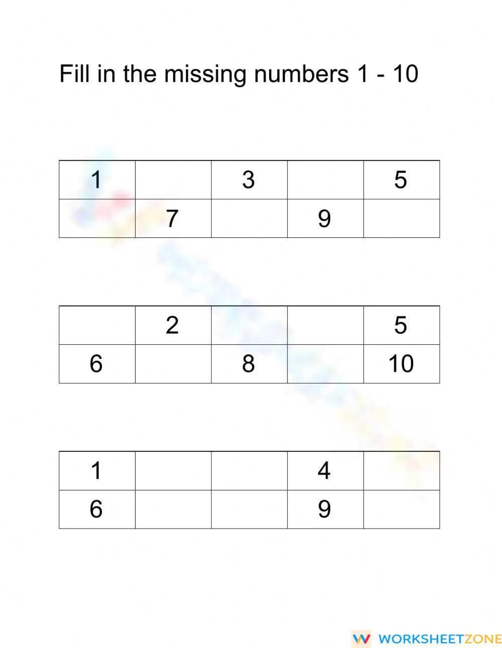 Fill in Missing Numbers 1-10 - Page 1