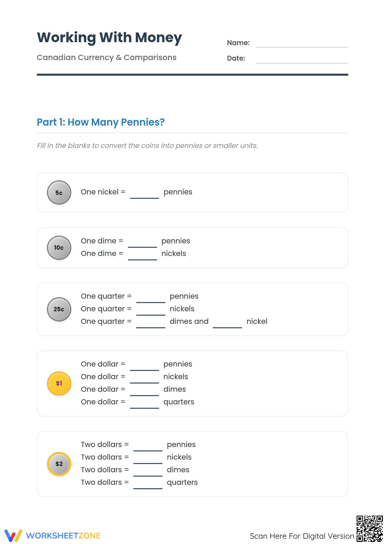 Grade 2-4 Canadian Money — Printable No-Prep Worksheet - Page 1